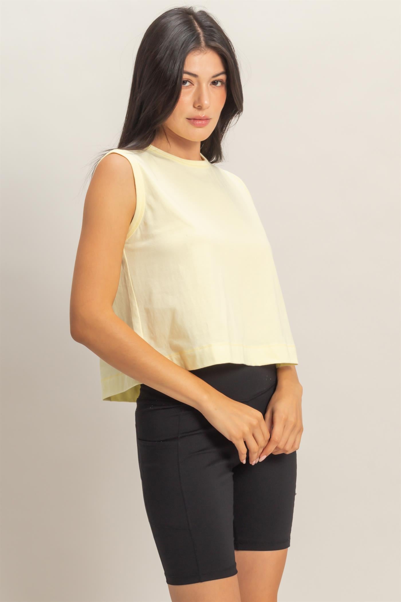 Wholesale Sleeveless Crew Neck Top With Back Pleats Clothing Tops DZ26A999 PALE YELLOW DOUBLE ZERO