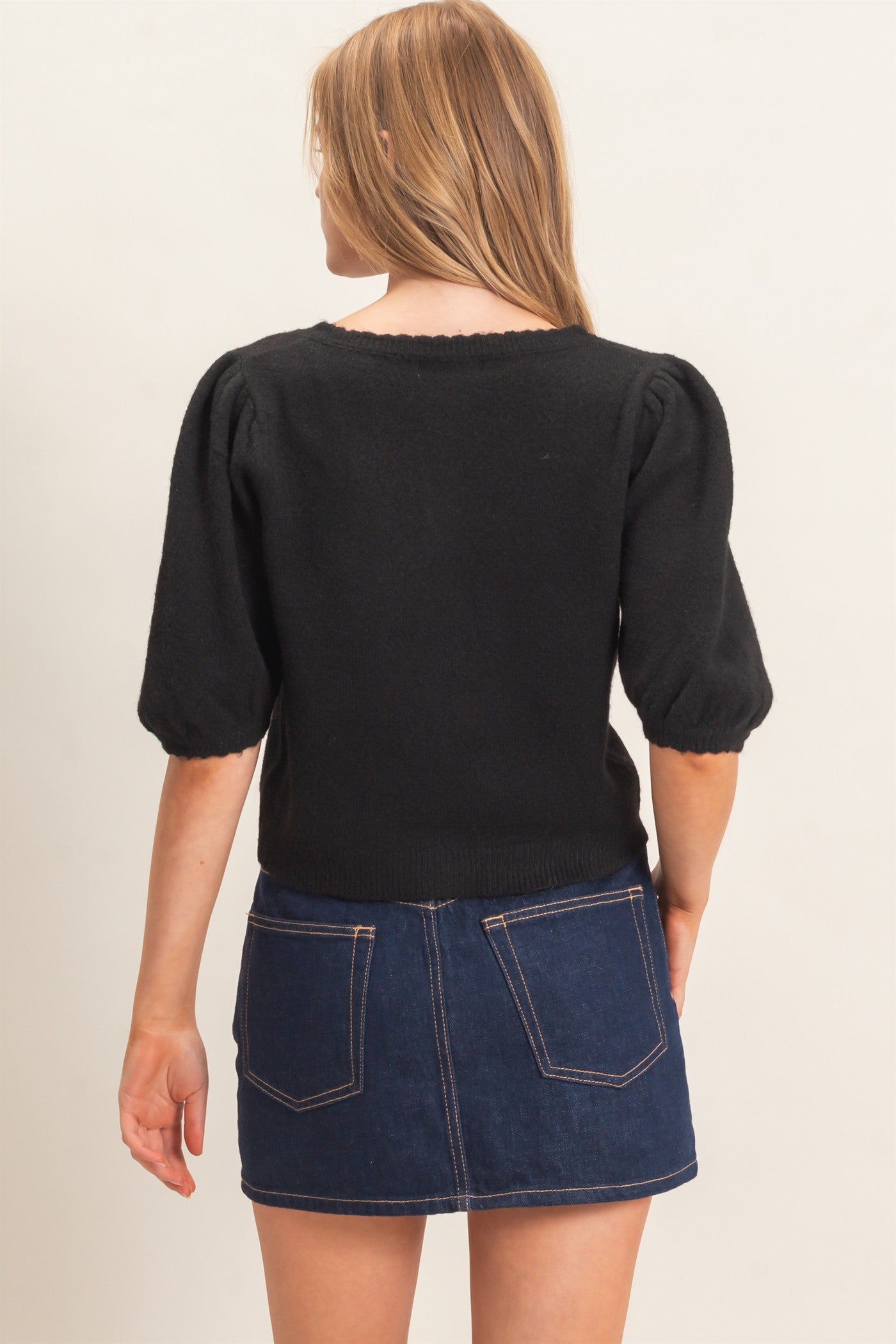 Wholesale Button-Up Puff Sleeve Sweater Cardigan Cardigans HF26E165 BLACK HYFVE