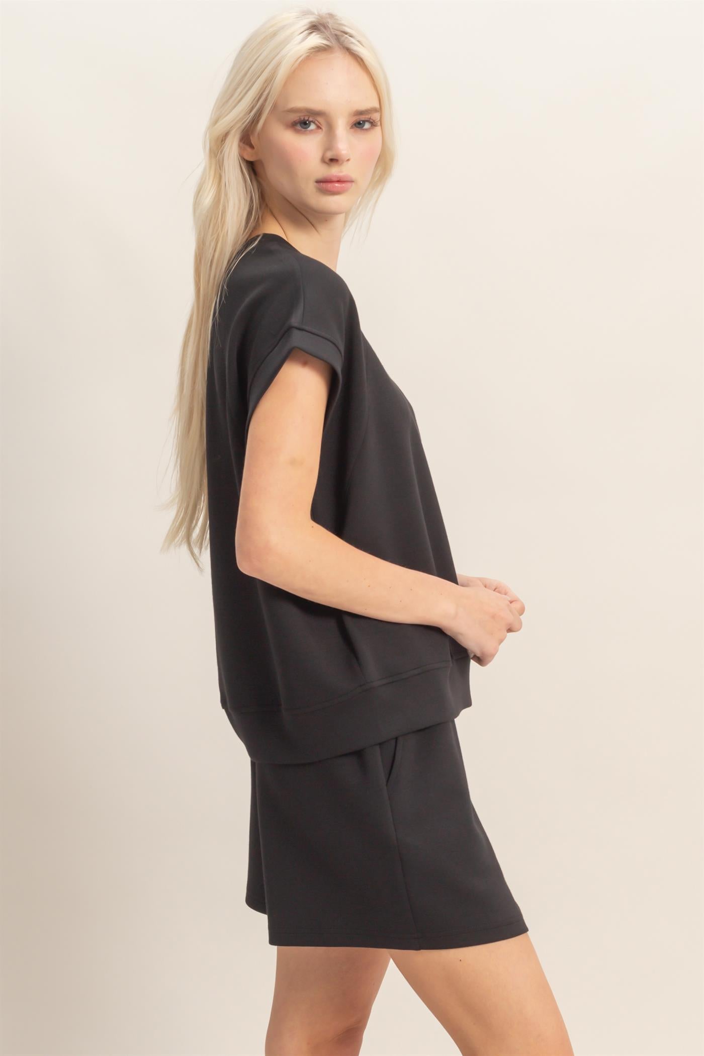 Wholesale Crew Neck Sleeveless Top And Shorts Set Clothing DZ26C575-SET BLACK DOUBLE ZERO