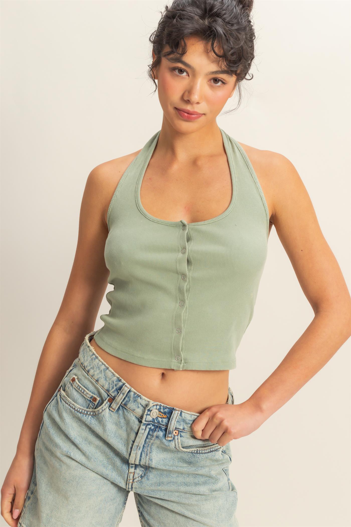 Wholesale Halter Neck Buttoned Washed Tank Top Clothing Tops DZ25A293 SAGE GREEN DOUBLE ZERO