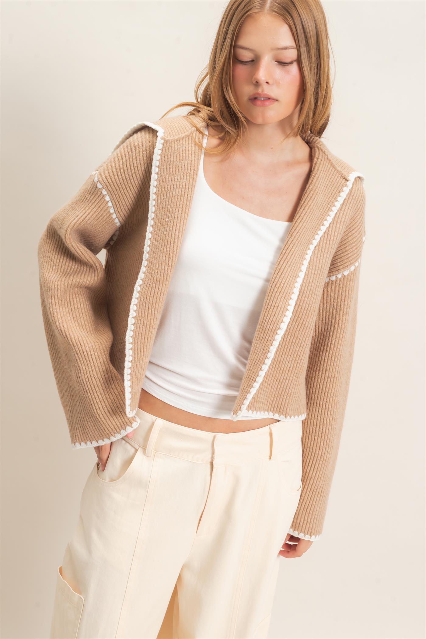 Wholesale Collared Cardigan Sweater With Picot Trim Cardigans HF26E897 TAUPE HYFVE