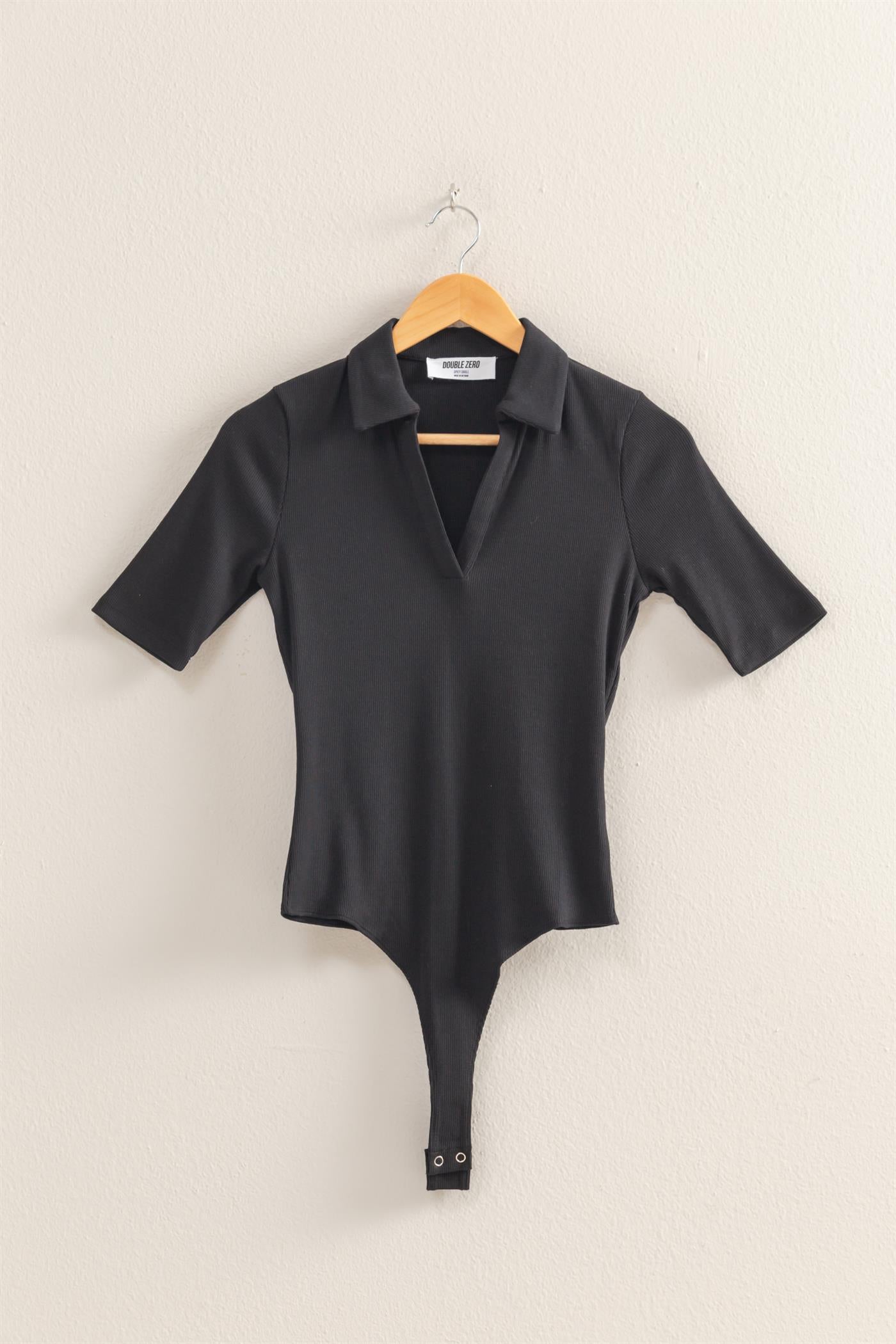 Wholesale Polo Neck Short Sleeve Bodysuit Bodysuits DZ25A777 BLACK DOUBLE ZERO