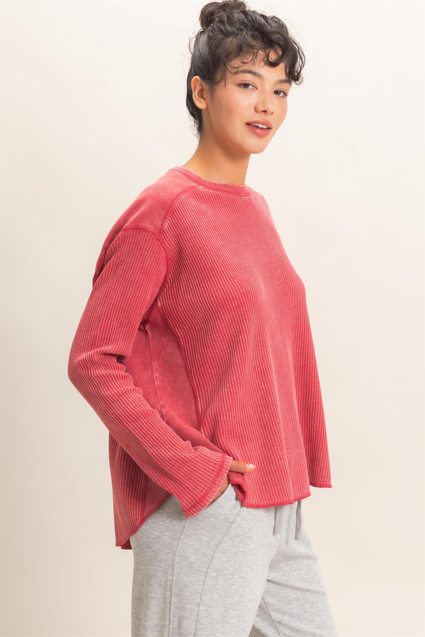Wholesale Oversized Mineral Washed Waffle Knit Top Clothing Tops DZ26E654 DARK RED DOUBLE ZERO