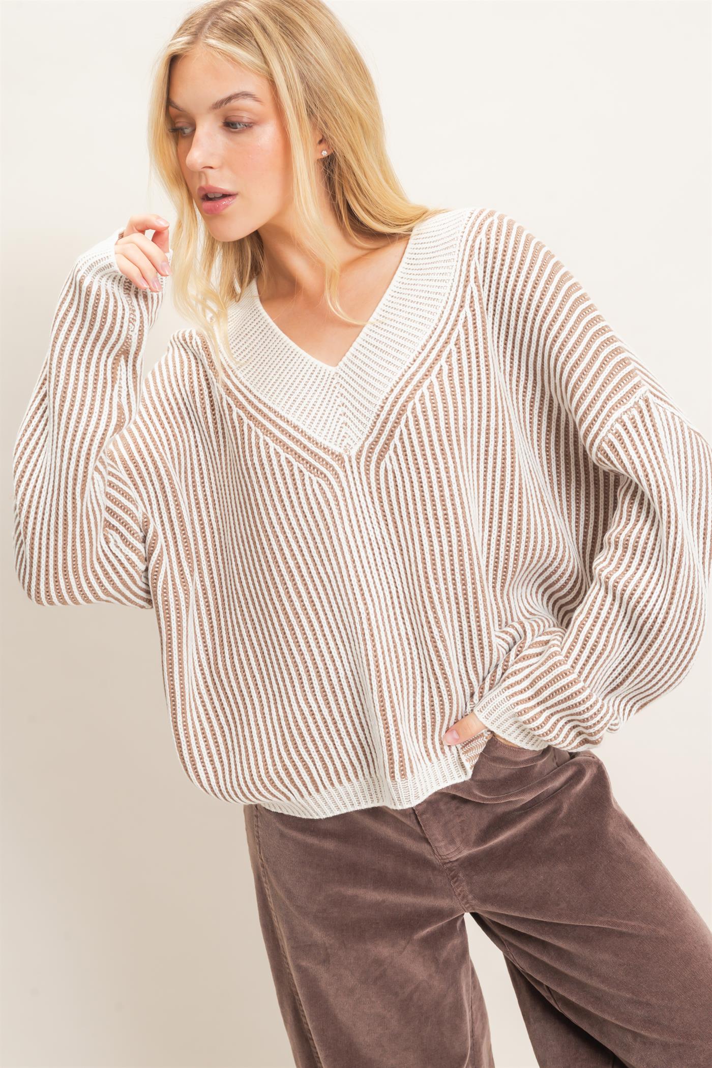 Wholesale Striped V-Neck Ribbed Sweater Sweaters HF26F202 TAUPE HYFVE