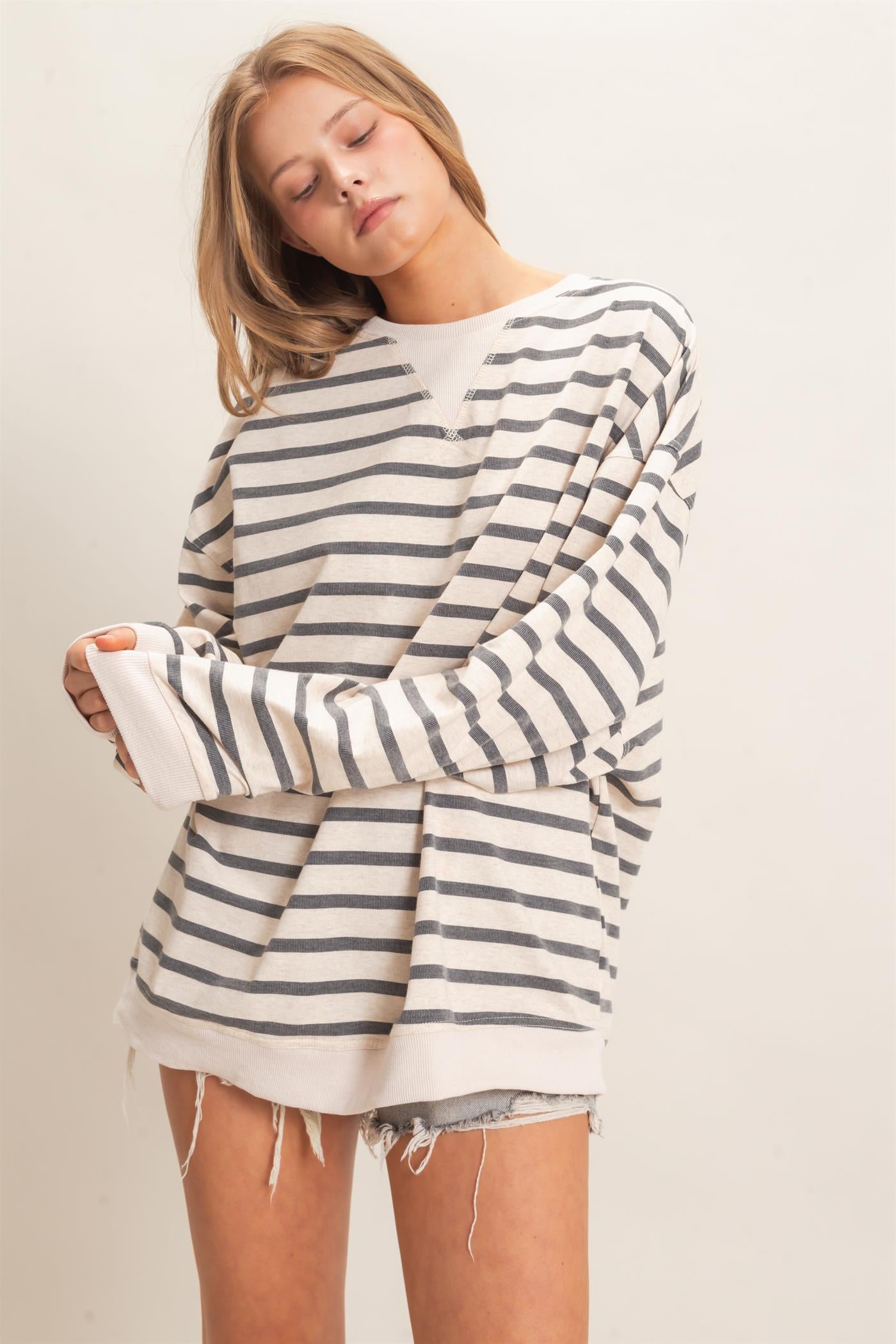 Wholesale Striped Long Sleeve Pullover Sweatshirts HF26F077 GRAY/ECRU HYFVE