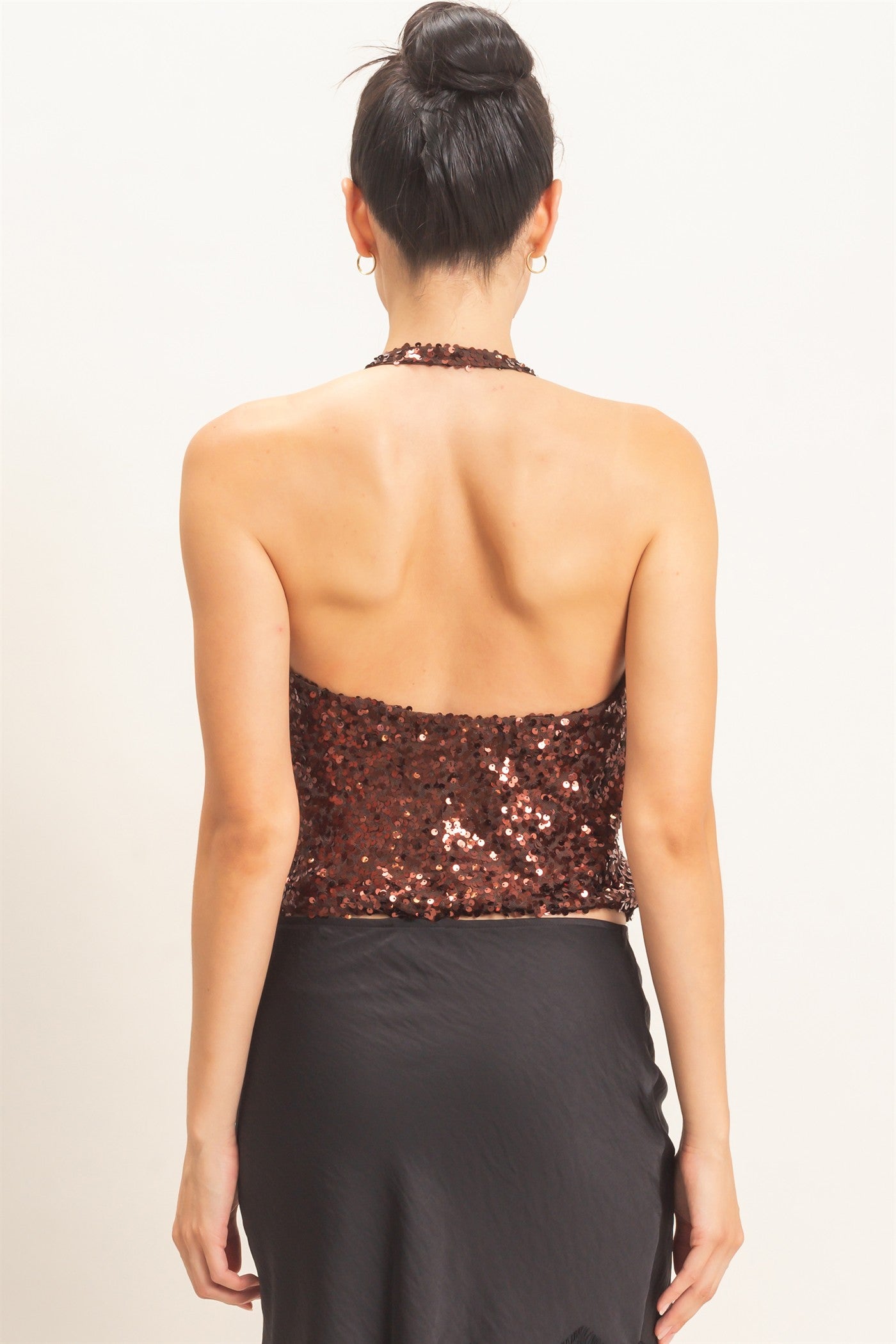 Wholesale Sequin Halter Cowl Neck Top Clothing Tops HF26C871 BROWN HYFVE