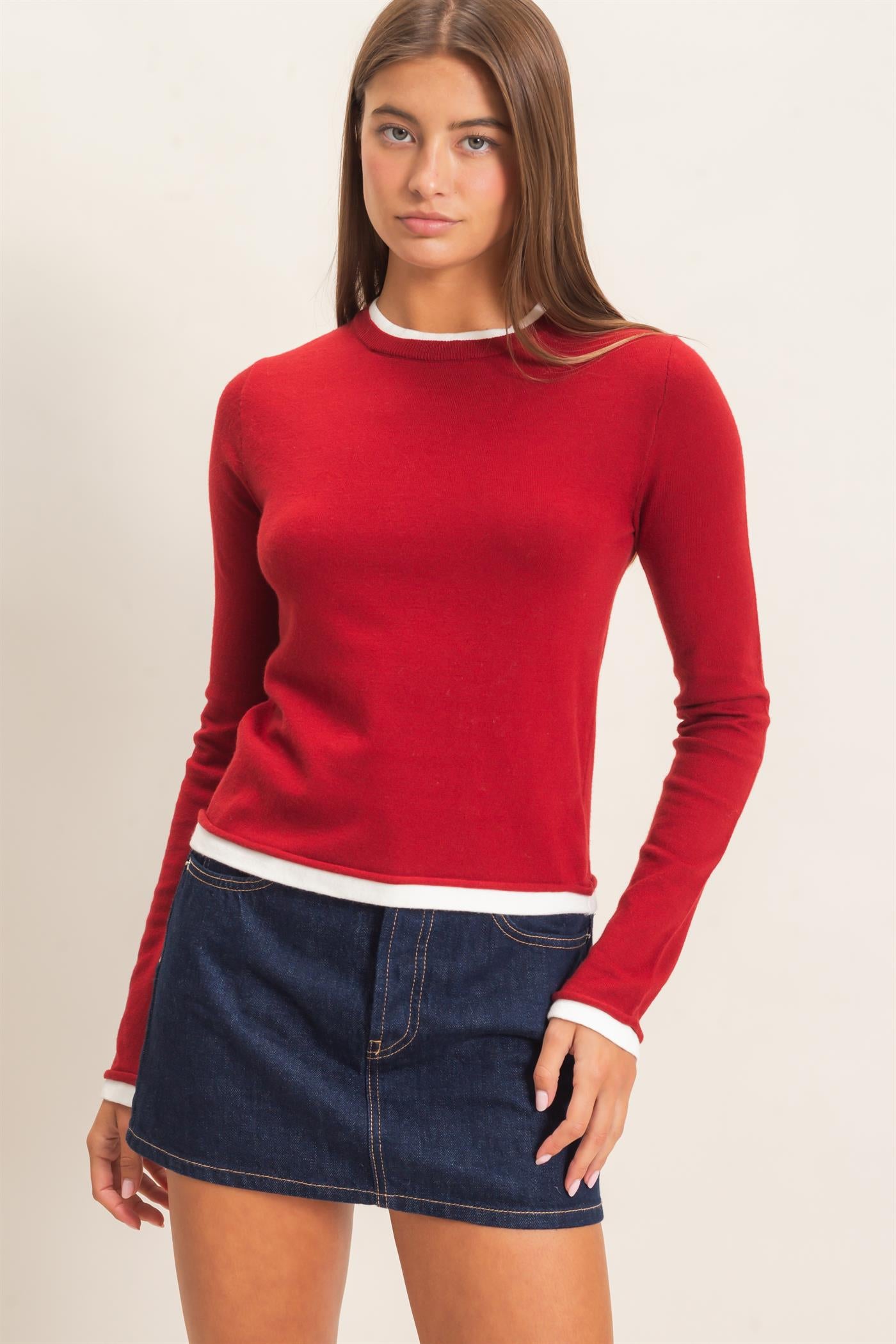 Wholesale Layer Effect Long Sleeve Knit Top Clothing Tops DZ26F394 DARK RED DOUBLE ZERO