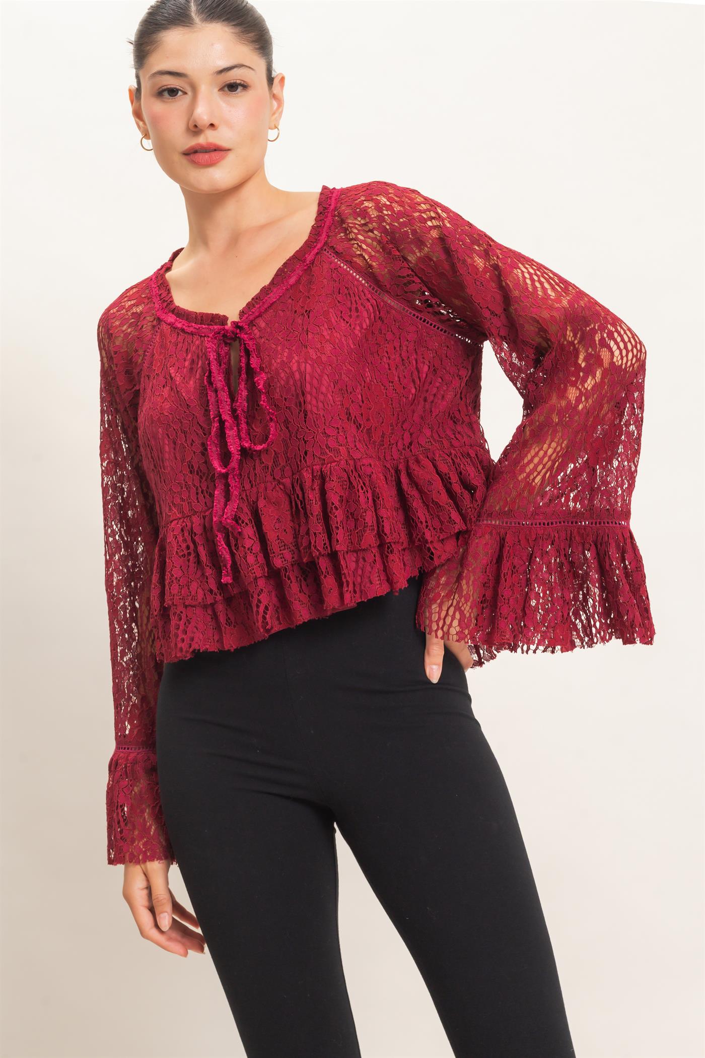 Wholesale Lace Bell Sleeve Top Blouses HF26C768 BURGUNDY HYFVE