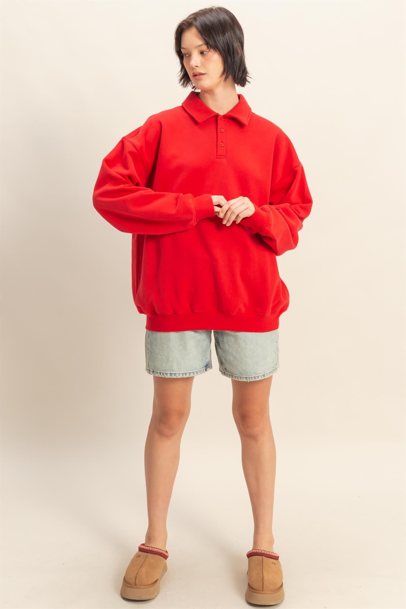 Wholesale Oversized Polo Collared Pullover Sweatshirts DZ25F074 RED DOUBLE ZERO