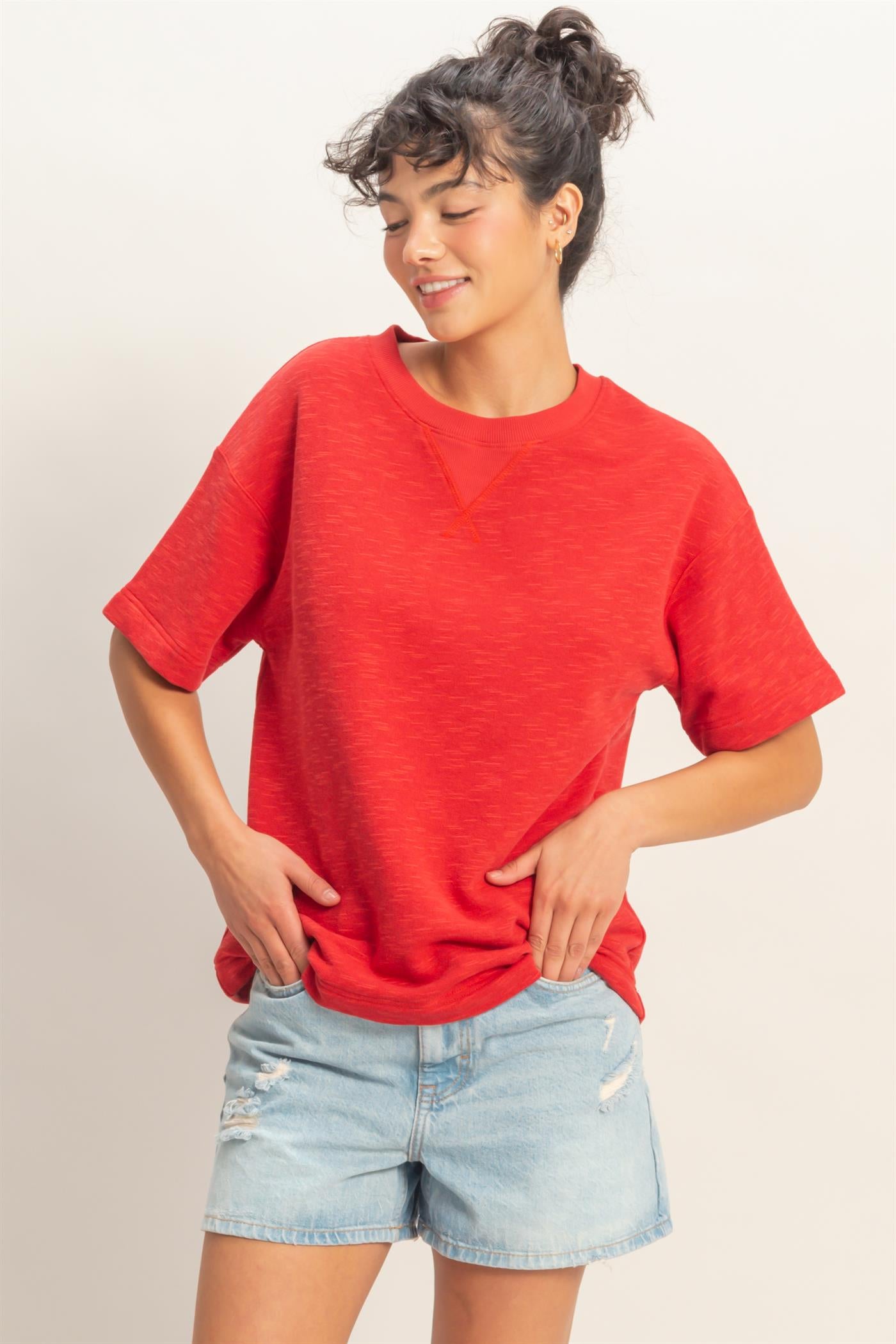 Wholesale Crew Neck Short Sleeve Top Clothing Tops DZ26A891 RED DOUBLE ZERO