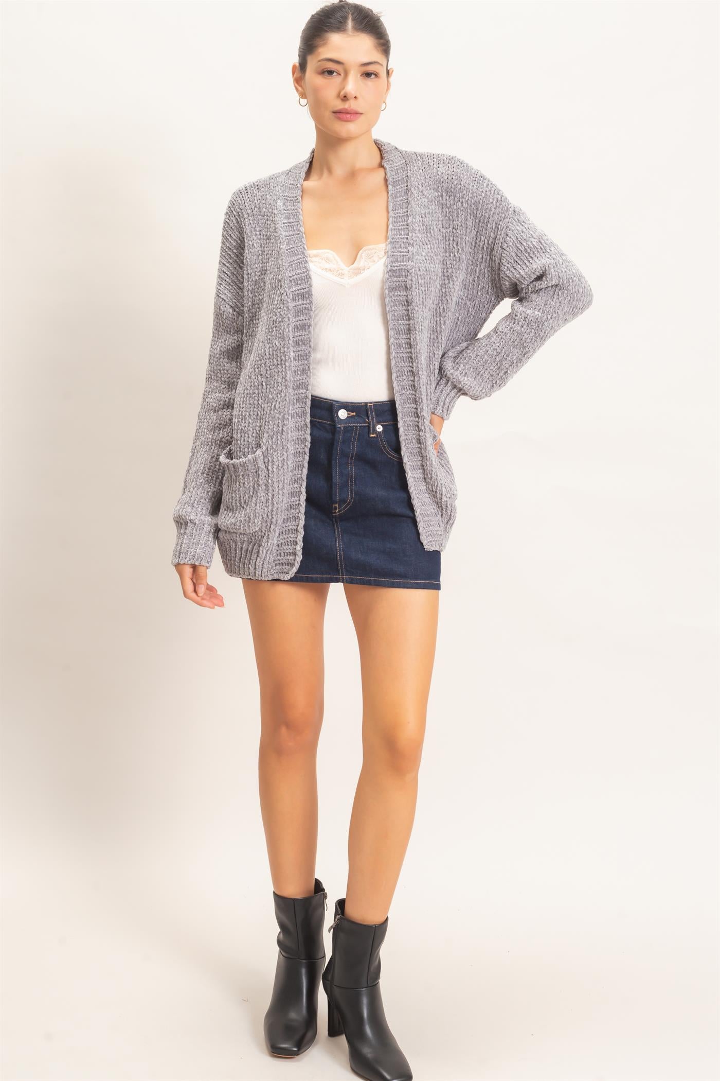 Wholesale Patch Pocket Chenille Cardigan Cardigans HF26E839 LIGHT GRAY HYFVE