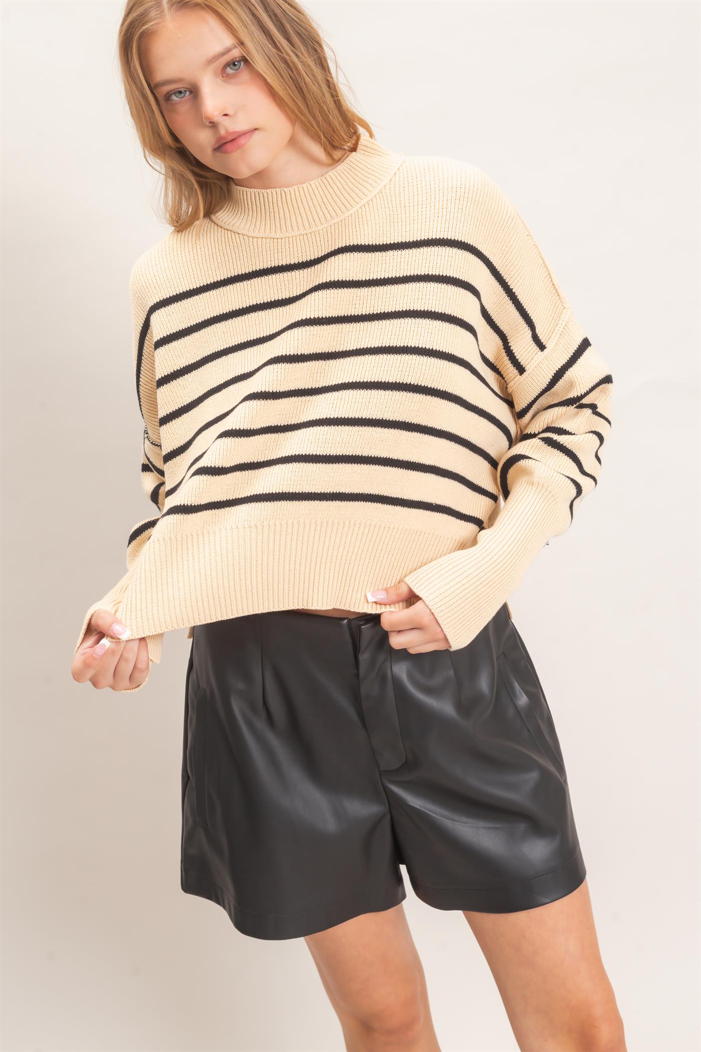 Wholesale Striped Mock Neck Cropped Sweater Sweaters HF26F192 BLACK HYFVE