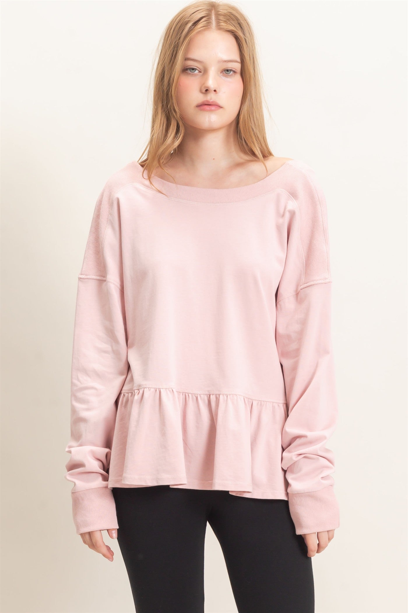 Wholesale Ruffled Hem Long Sleeve Top Clothing Tops HF26E065 PALE BLUSH HYFVE