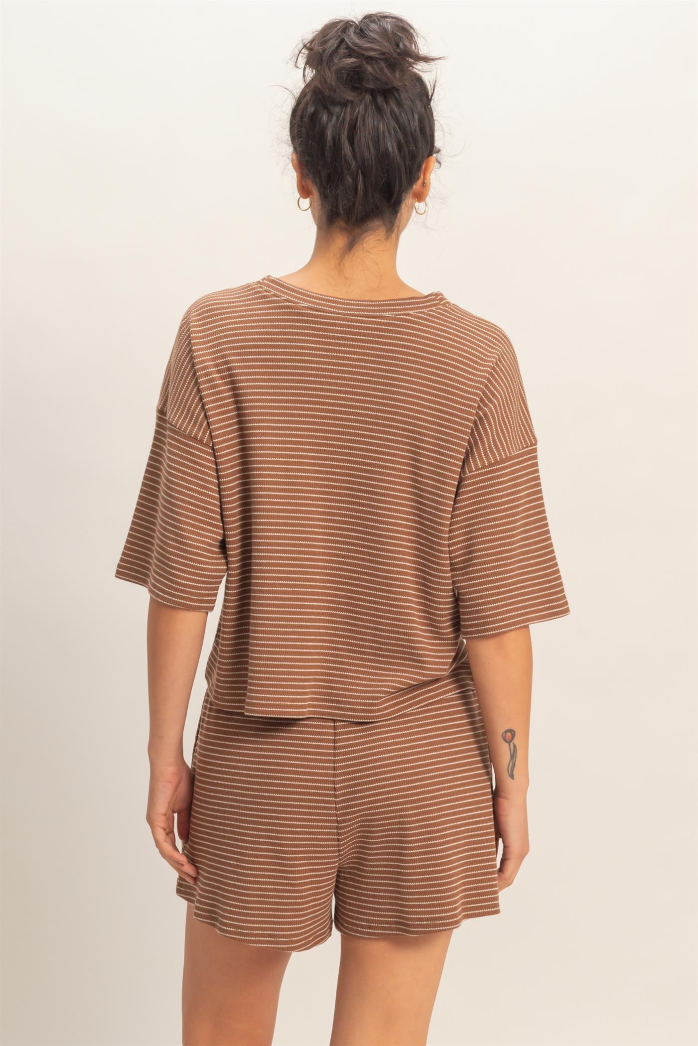 Wholesale Striped Round Neck Top & Shorts Set Clothing DZ26A045-SET BROWN DOUBLE ZERO