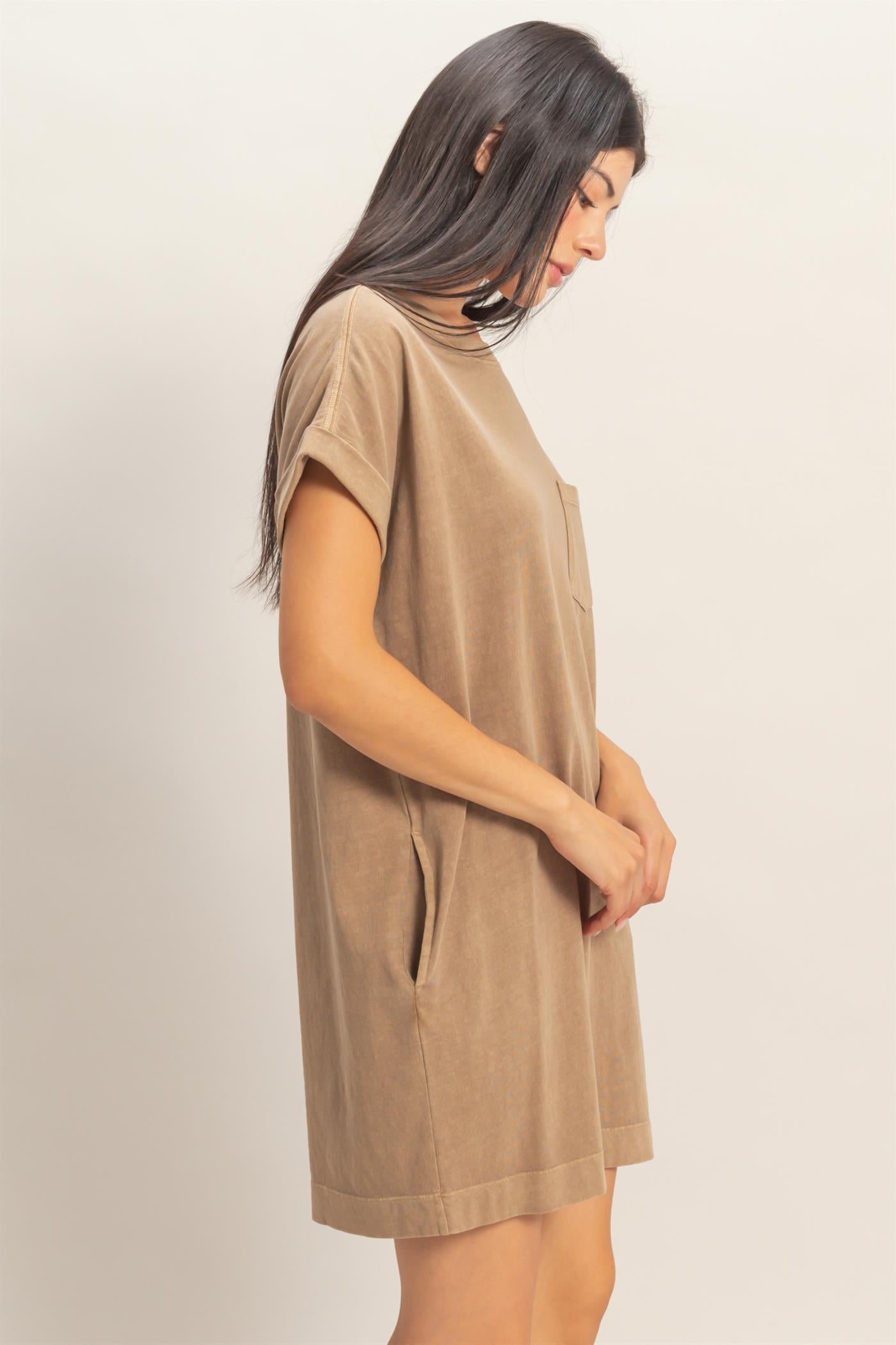 Wholesale Round Neck T-Shirt Mini Dress Dresses DZ26A029 MOCHA DOUBLE ZERO