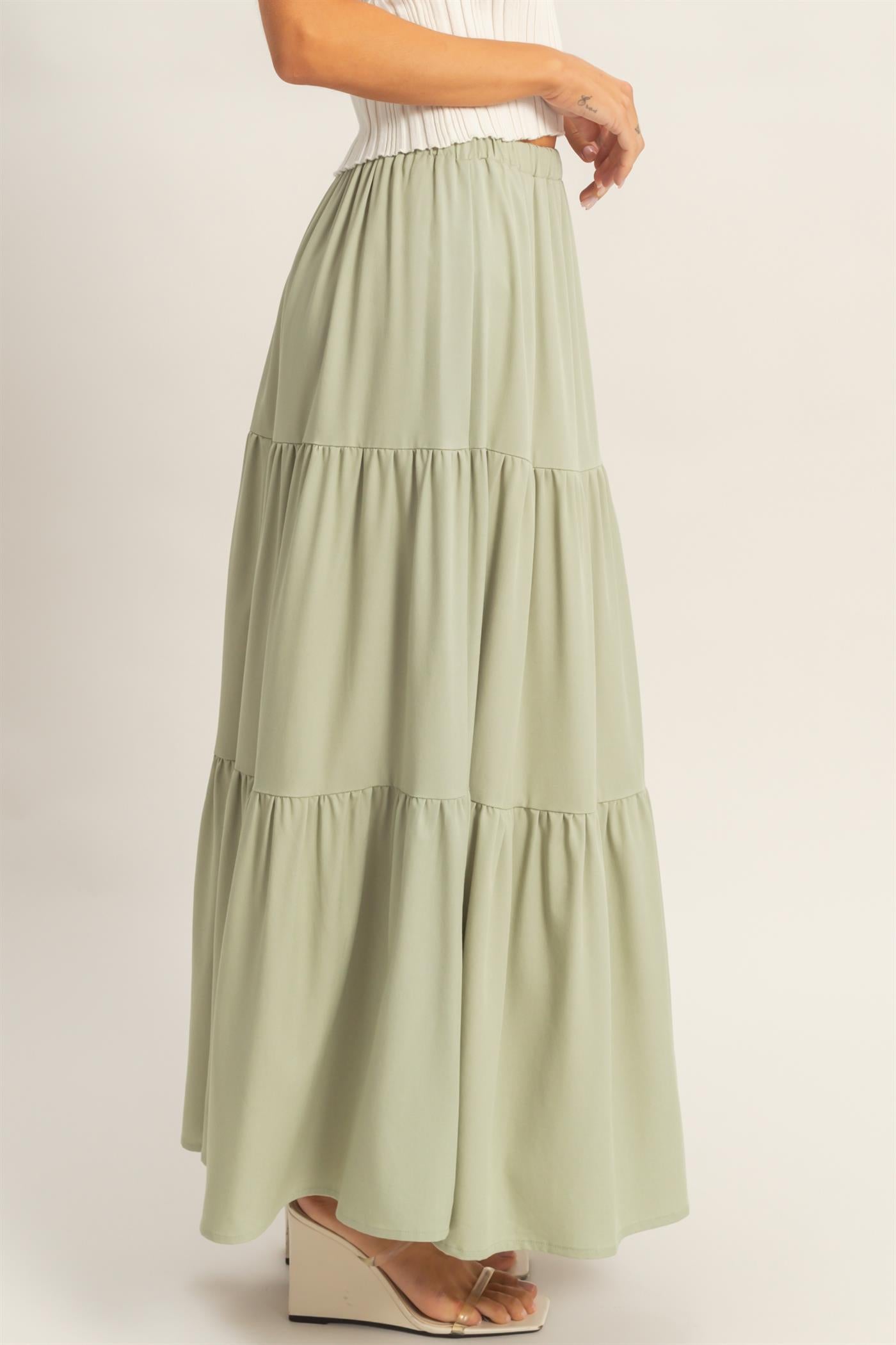 Wholesale Elastic Waist 3-Tier Skirt Skirts HF26E340-D SAGE HYFVE