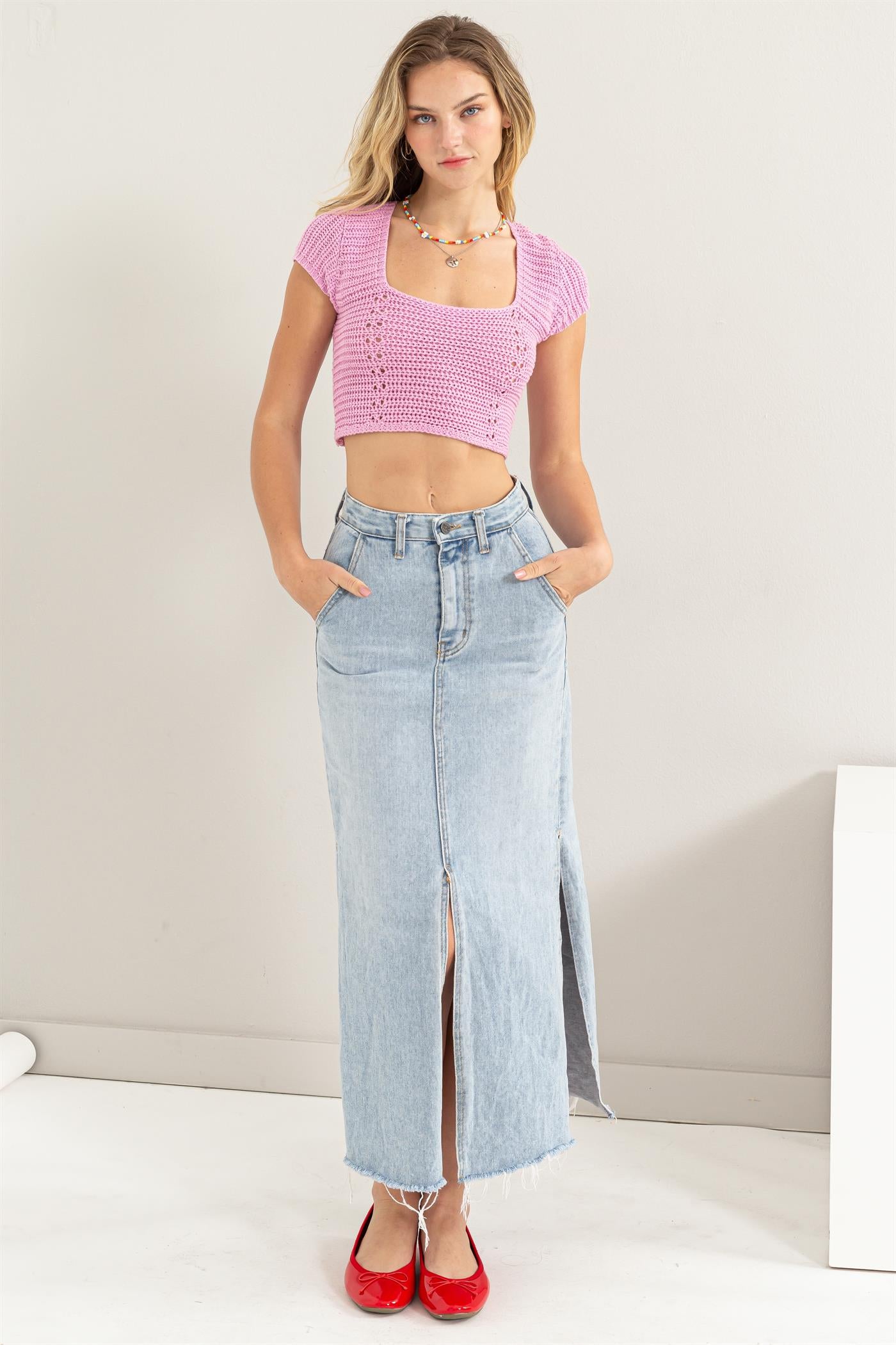 Wholesale Square Neck Cap Sleeve Top Clothing Tops DZ24A868 PINK DOUBLE ZERO