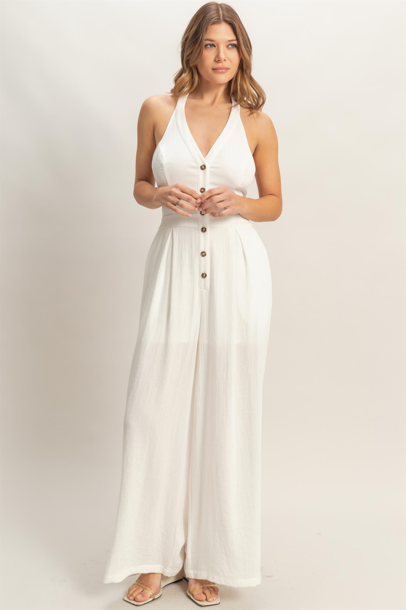 Wholesale Halter Button-Front Jumpsuit Clothing HF26A615-D WHITE HYFVE