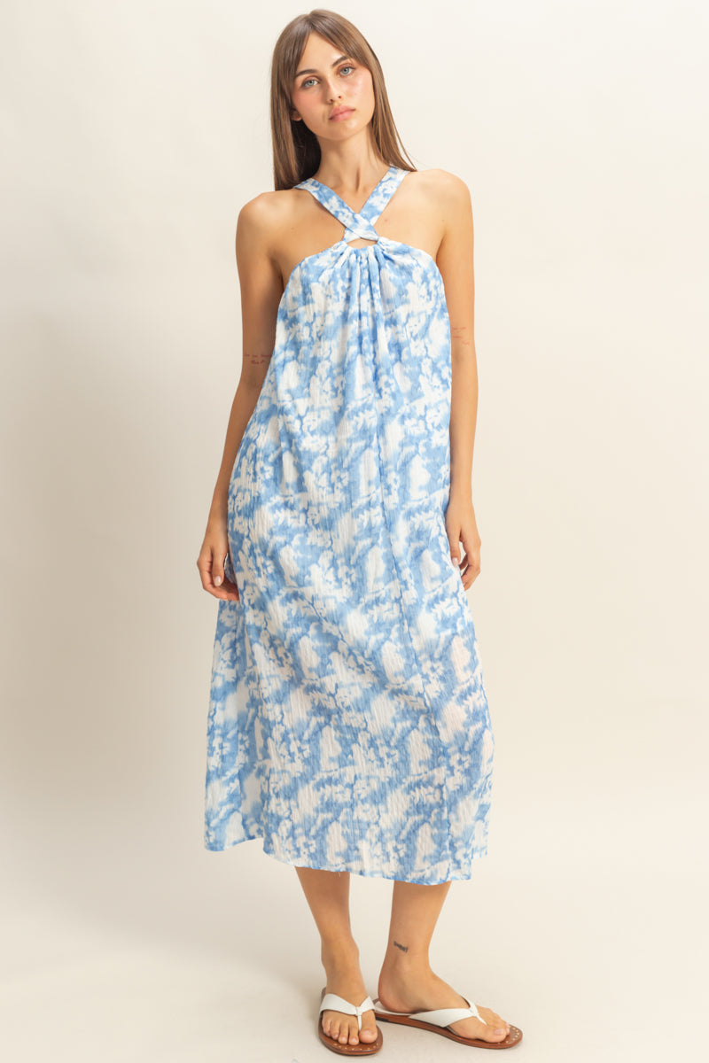 Wholesale Halter Cross Neck Backless Maxi Dress Dresses HF22E496 BLUE HYFVE