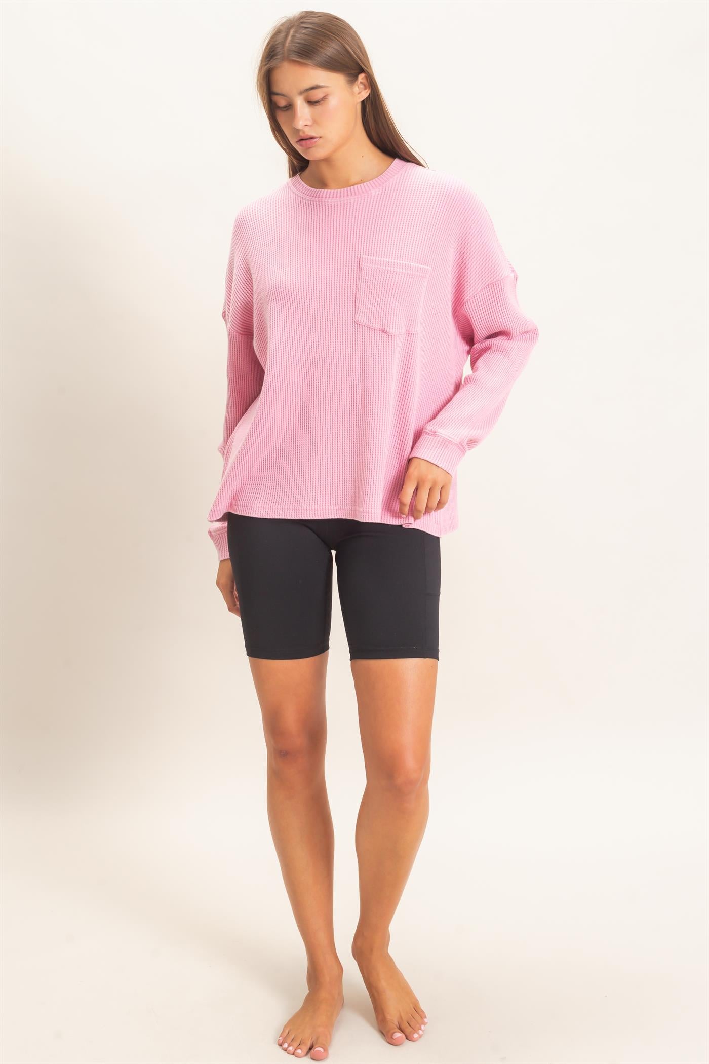 Wholesale Mineral Wash Waffle Long Sleeve Top Clothing Tops DZ26F242 PINK DOUBLE ZERO