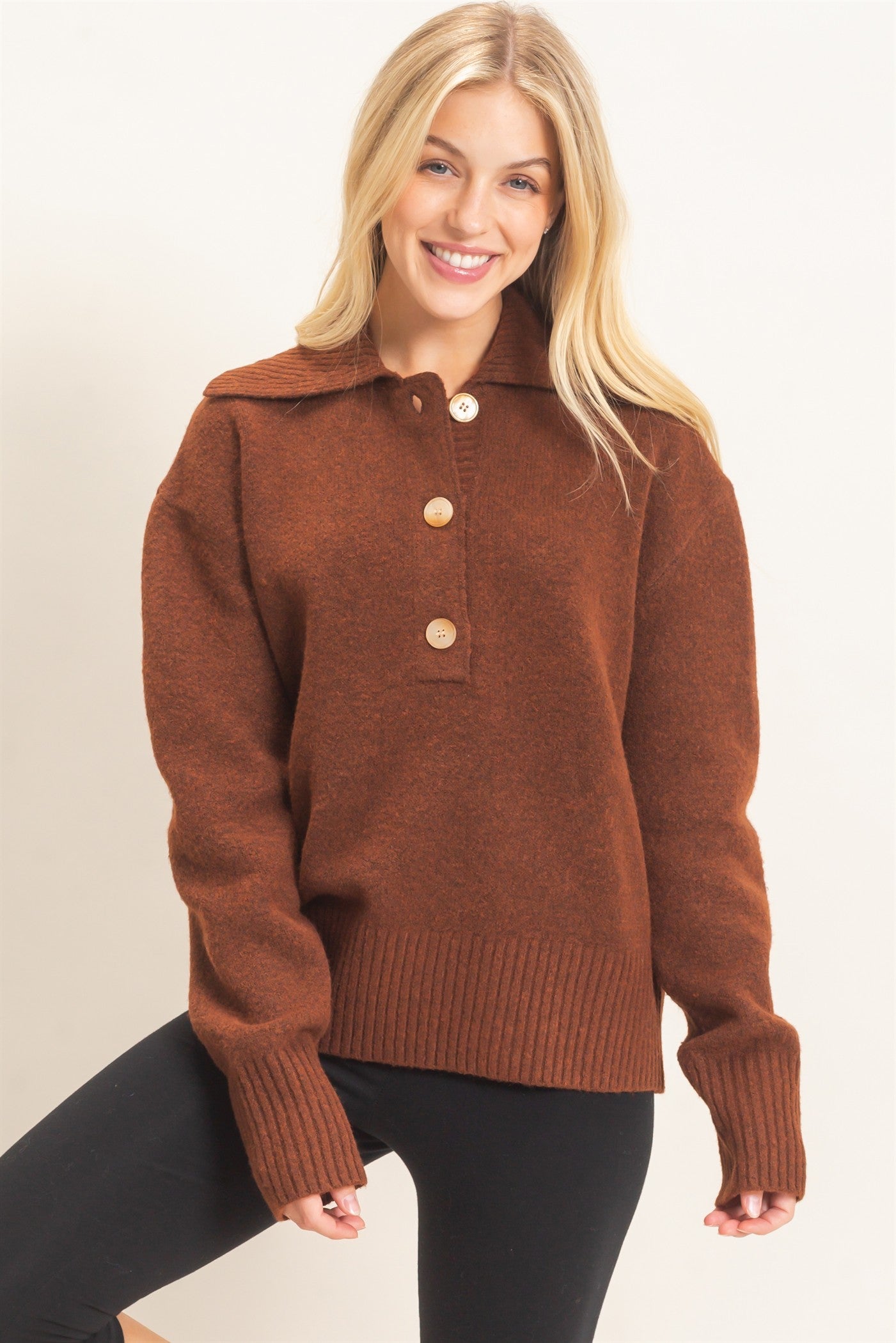 Wholesale Button-Up Collared Sweater Sweaters HF26E752 BROWN HYFVE