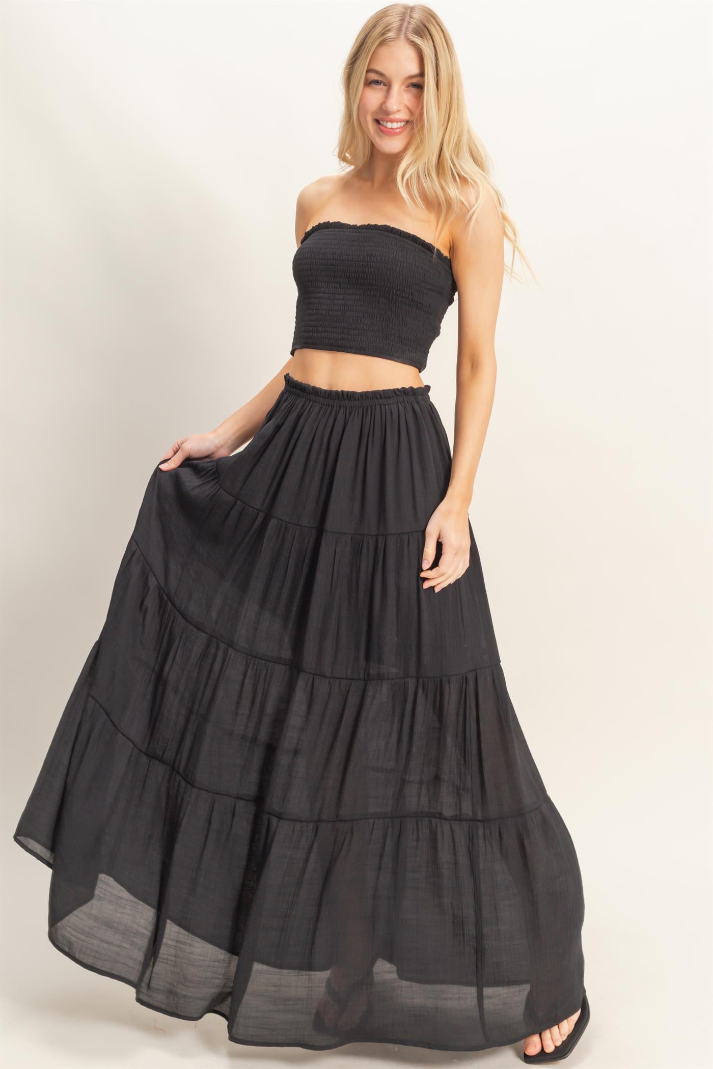 Wholesale Smocked Tube Top & Tiered Skirt Set Clothing HF26C289-SET-D BLACK HYFVE