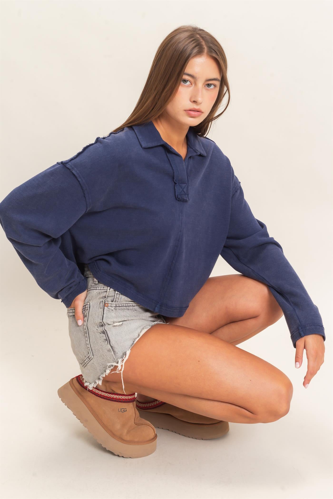 Wholesale Mineral Wash Textured Collar Top Polos DZ26E814 NAVY DOUBLE ZERO