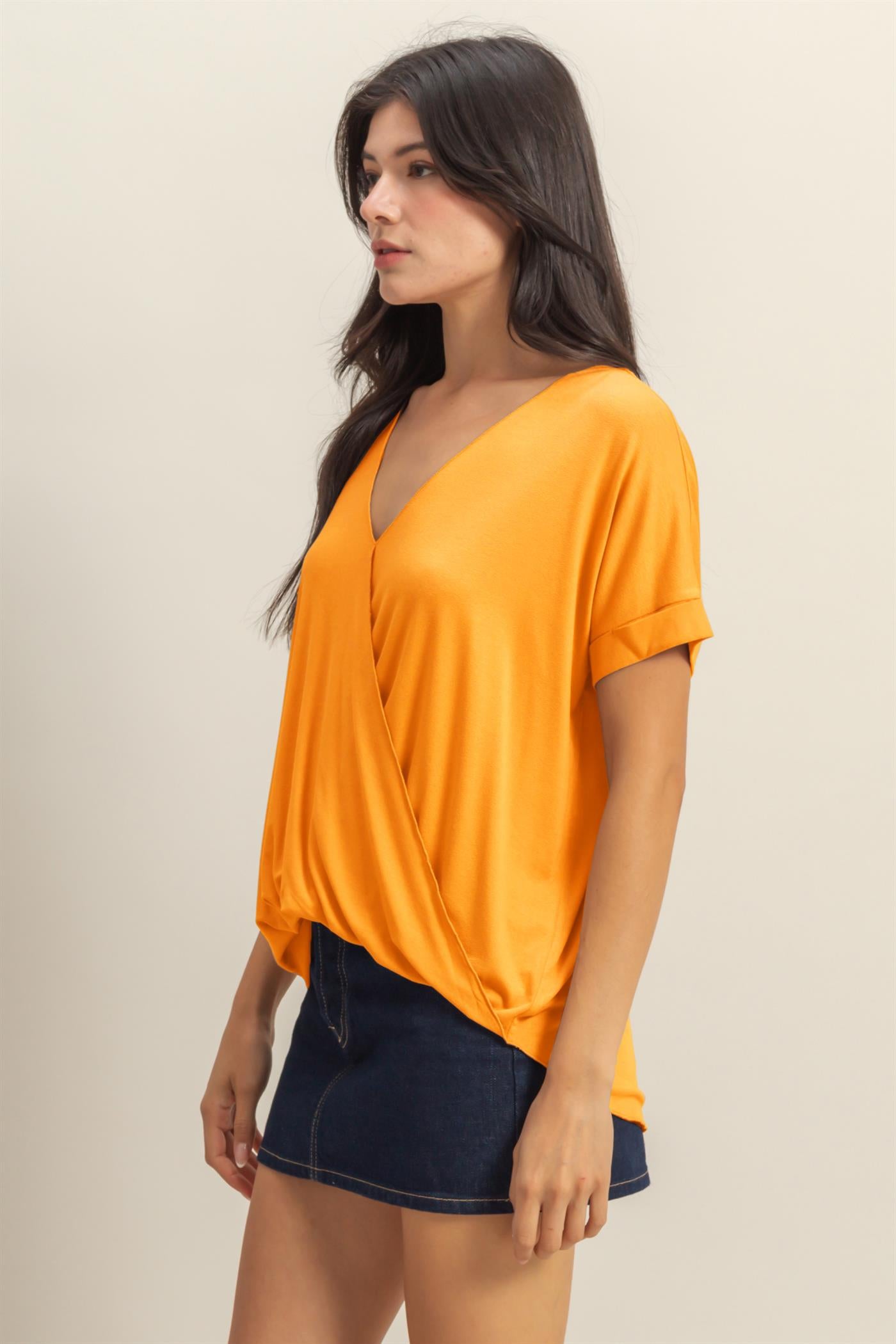Wholesale Short Sleeve Surplice Top Clothing Tops DZ25E289 ORANGE DOUBLE ZERO