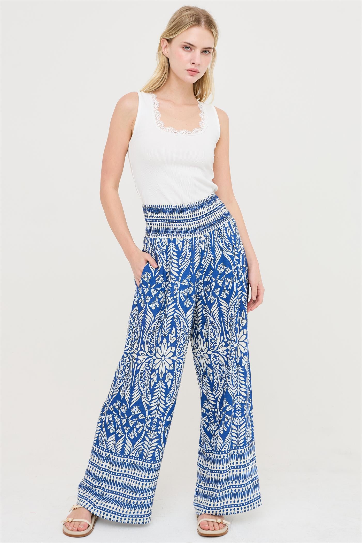 Wholesale Smocked Waist Floral Pants Pants HF26C161-D BLUE HYFVE