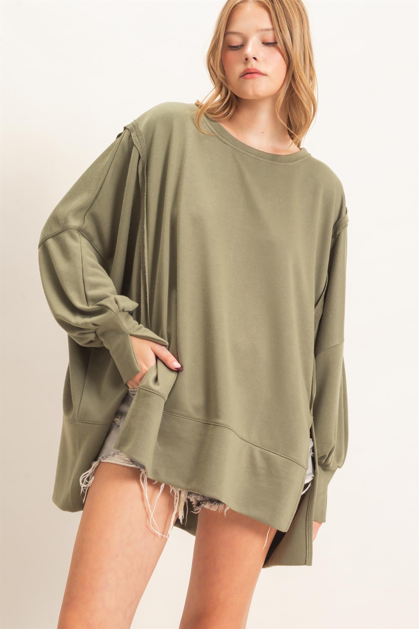 Wholesale Oversized Crew Neck Sweatshirt Sweatshirts HF26F132 OLIVE HYFVE