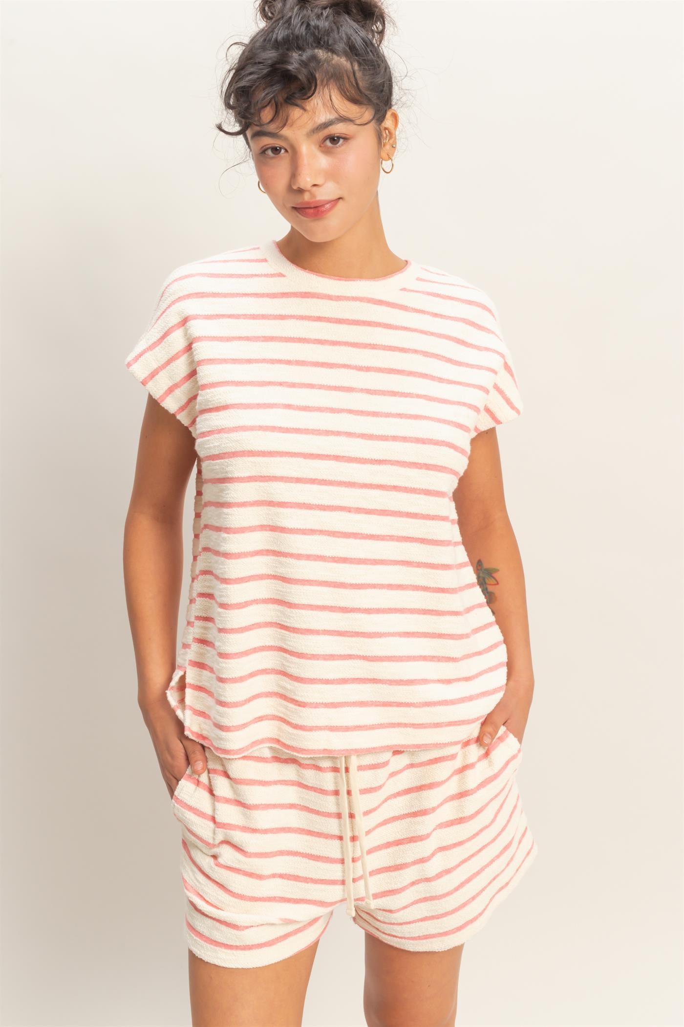 Wholesale Striped Round Neck Short Sleeve Top Clothing Tops DZ26A754 RED DOUBLE ZERO