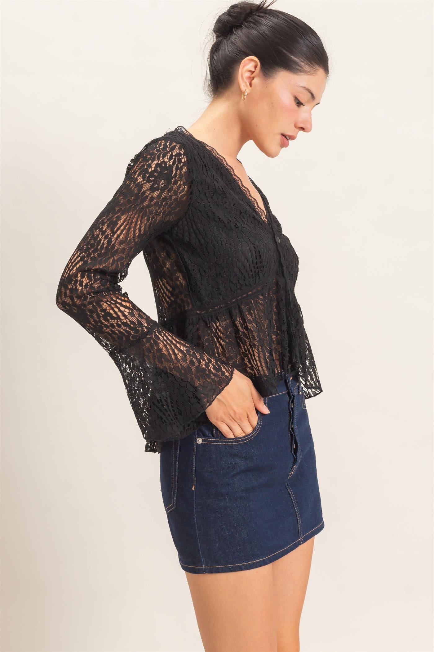 Wholesale Lace V-Neck Peplum Top Clothing Tops HF26E560 BLACK HYFVE