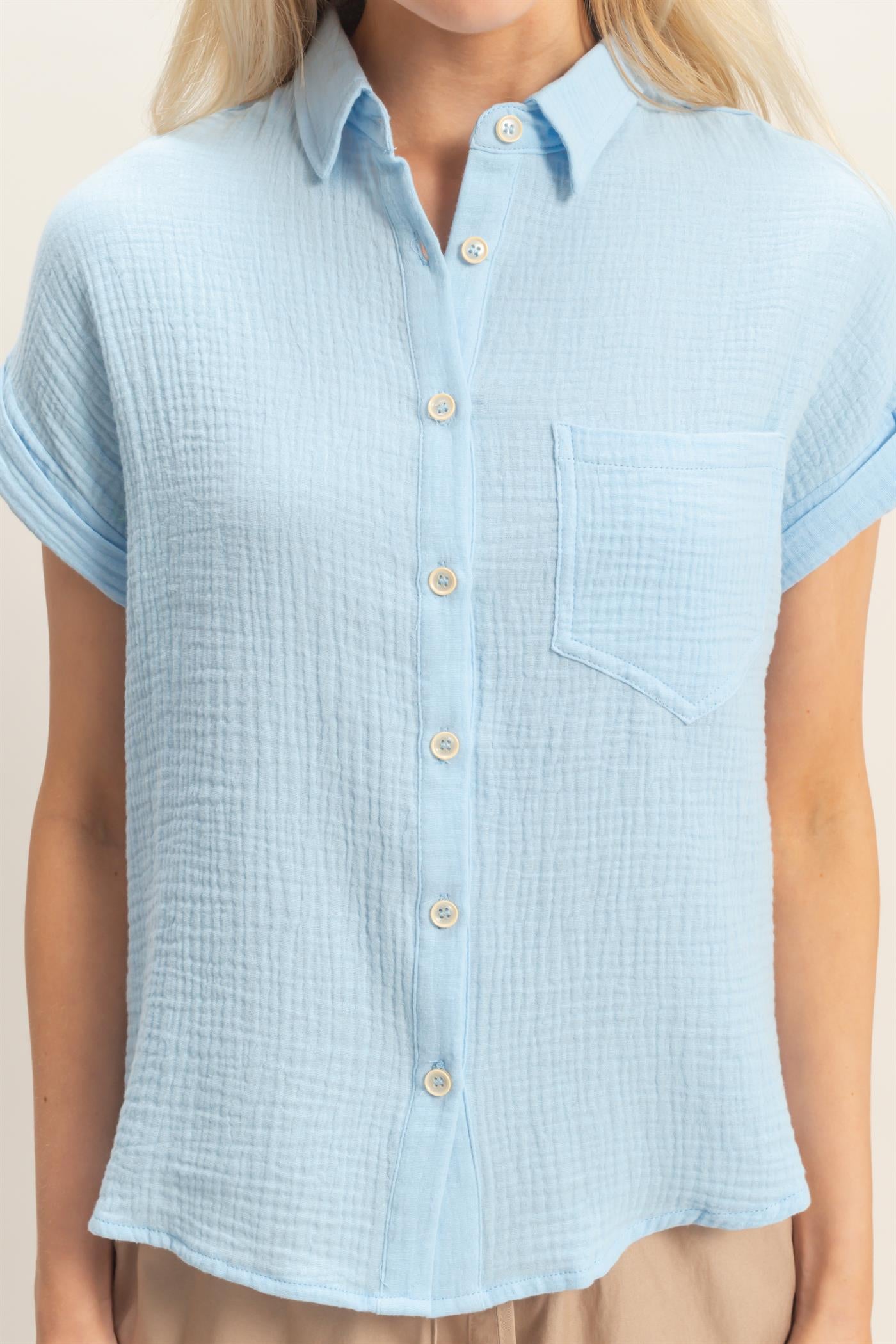 Wholesale Rolled Sleeve Button-Up Top Clothing Tops HF26E526 BLUE HYFVE