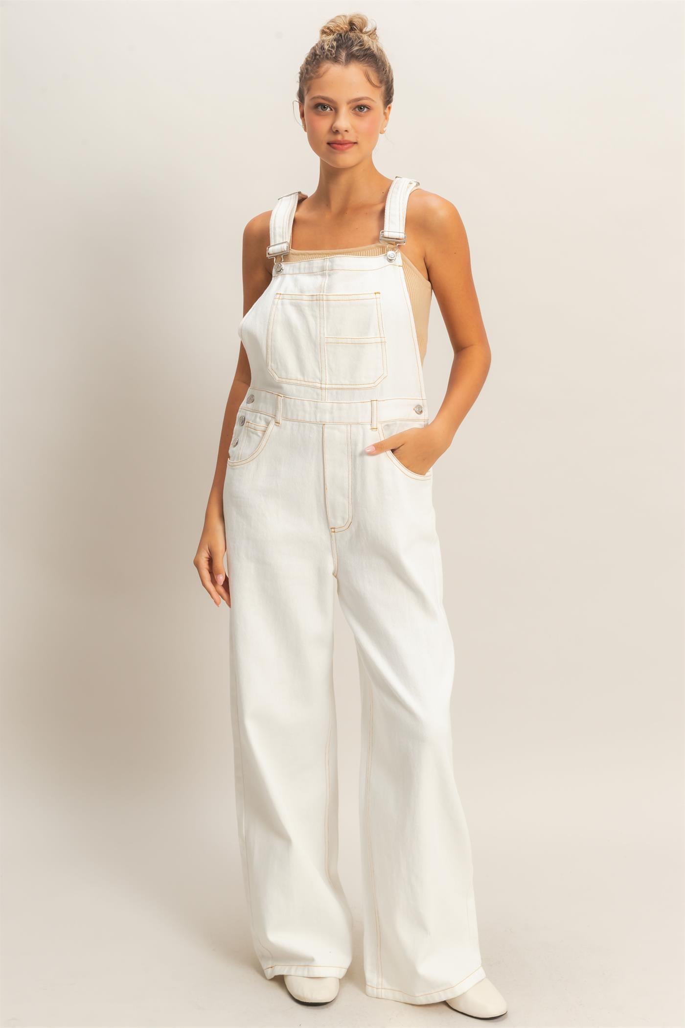 Wholesale Snow Wash Denim Overalls Clothing HF26C185 WHITE DENIM HYFVE