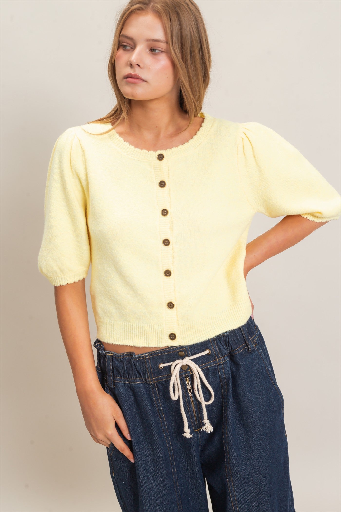 Wholesale Button-Up Puff Sleeve Sweater Cardigan Cardigans HF26E165 PALE YELLOW HYFVE