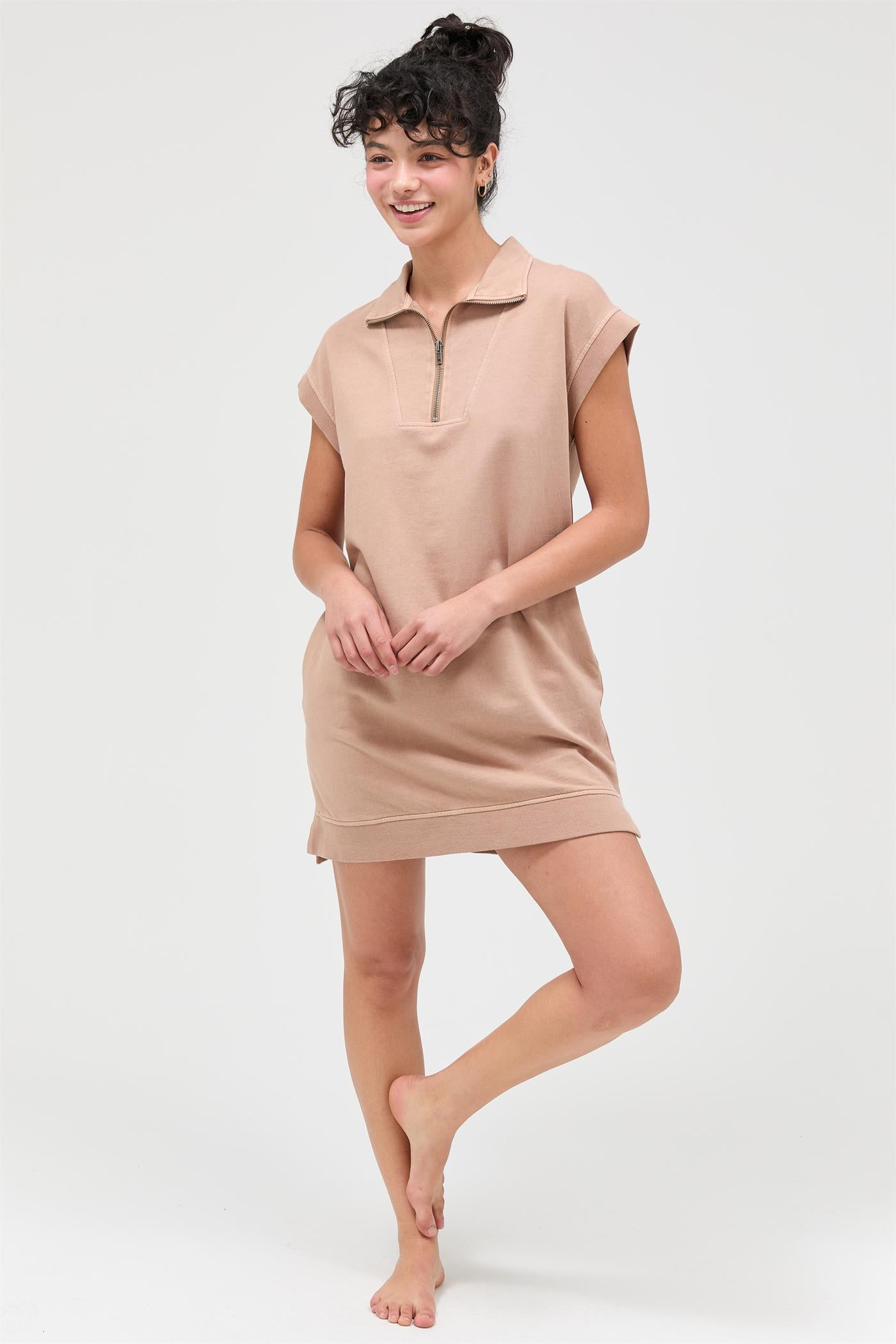 Wholesale Half Zip Up Mock Neck Mini Dress Dresses DZ26A030 DARK TAUPE DOUBLE ZERO