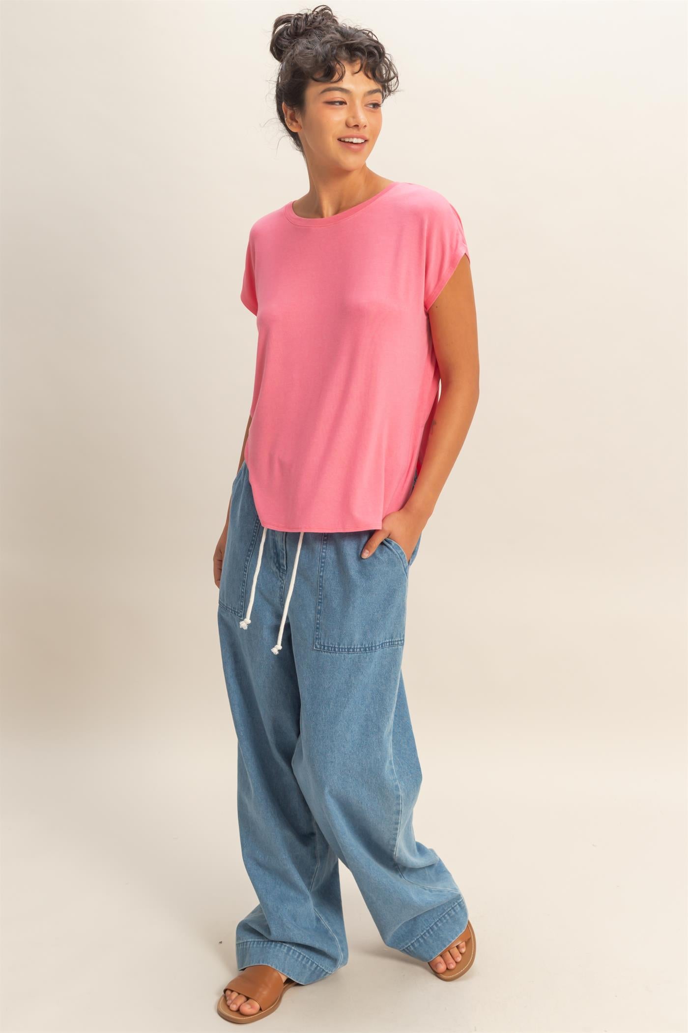Wholesale Relaxed Dolman Short Sleeve  Round Neck Top Shirts DZ26A270 TAFFY PINK DOUBLE ZERO