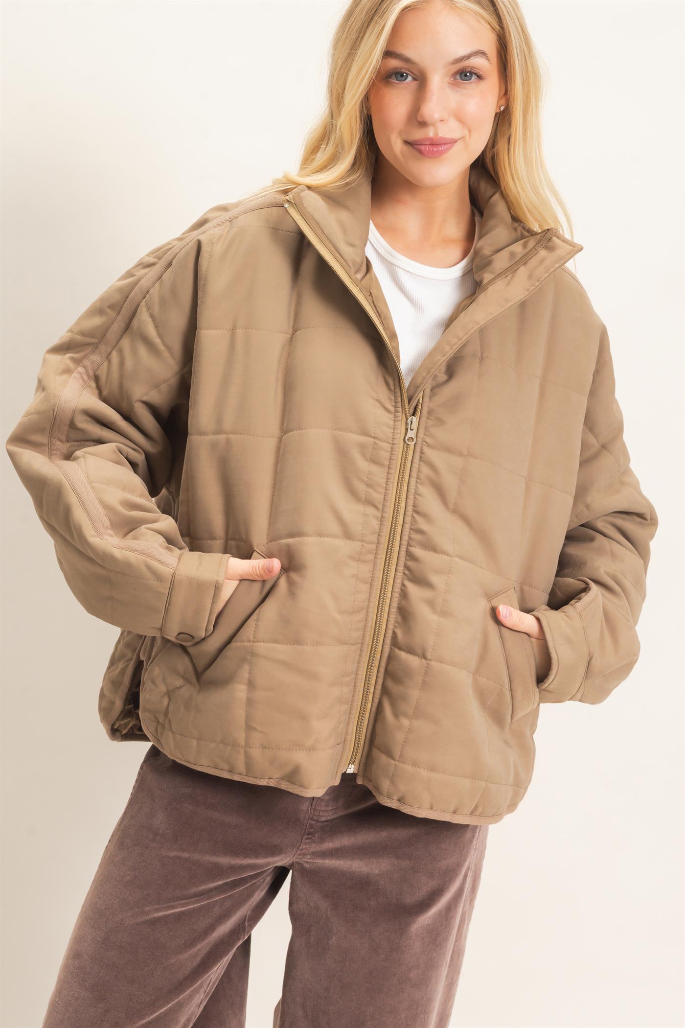 Wholesale Quilted High Collar Jacket Coats & Jackets HF26F167-D OLIVE HYFVE