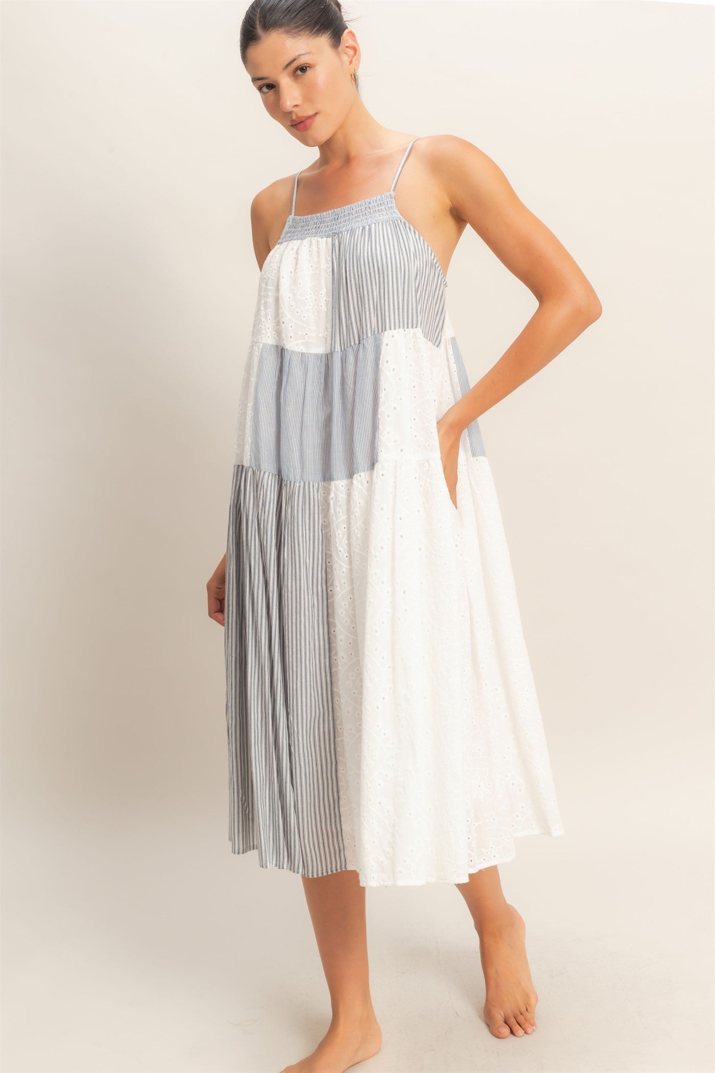 Wholesale Strappy Patchwork Midi Dress Dresses HF26C523 BLUE COMBO HYFVE