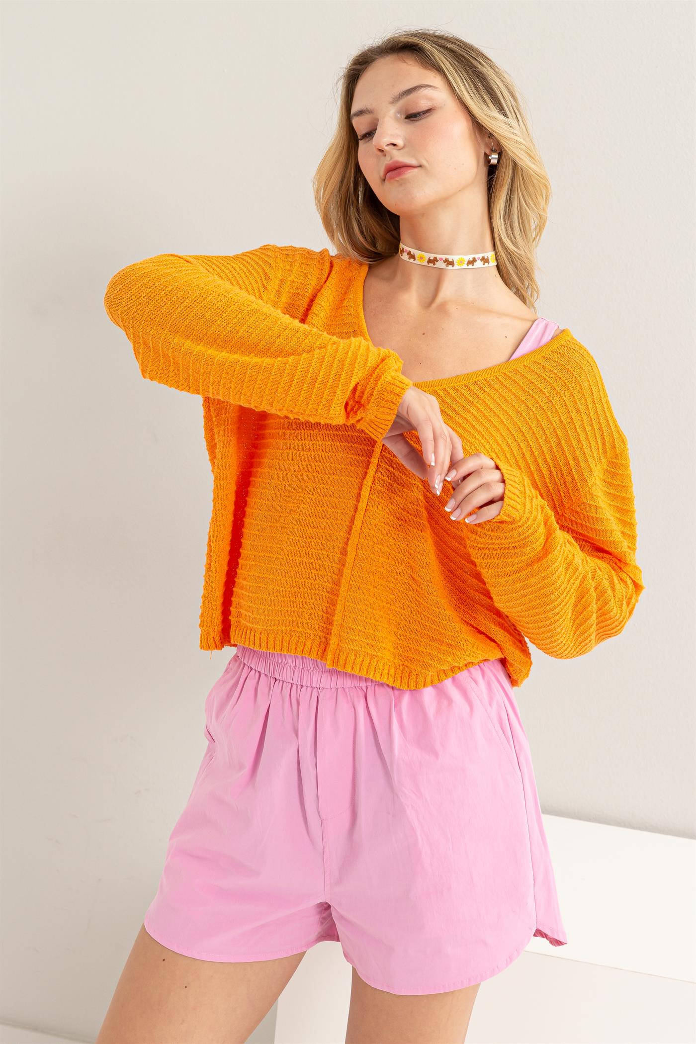 Wholesale V Neck Dropped Shoulder Sweater Clothing Tops DZ24A559 ORANGE DOUBLE ZERO
