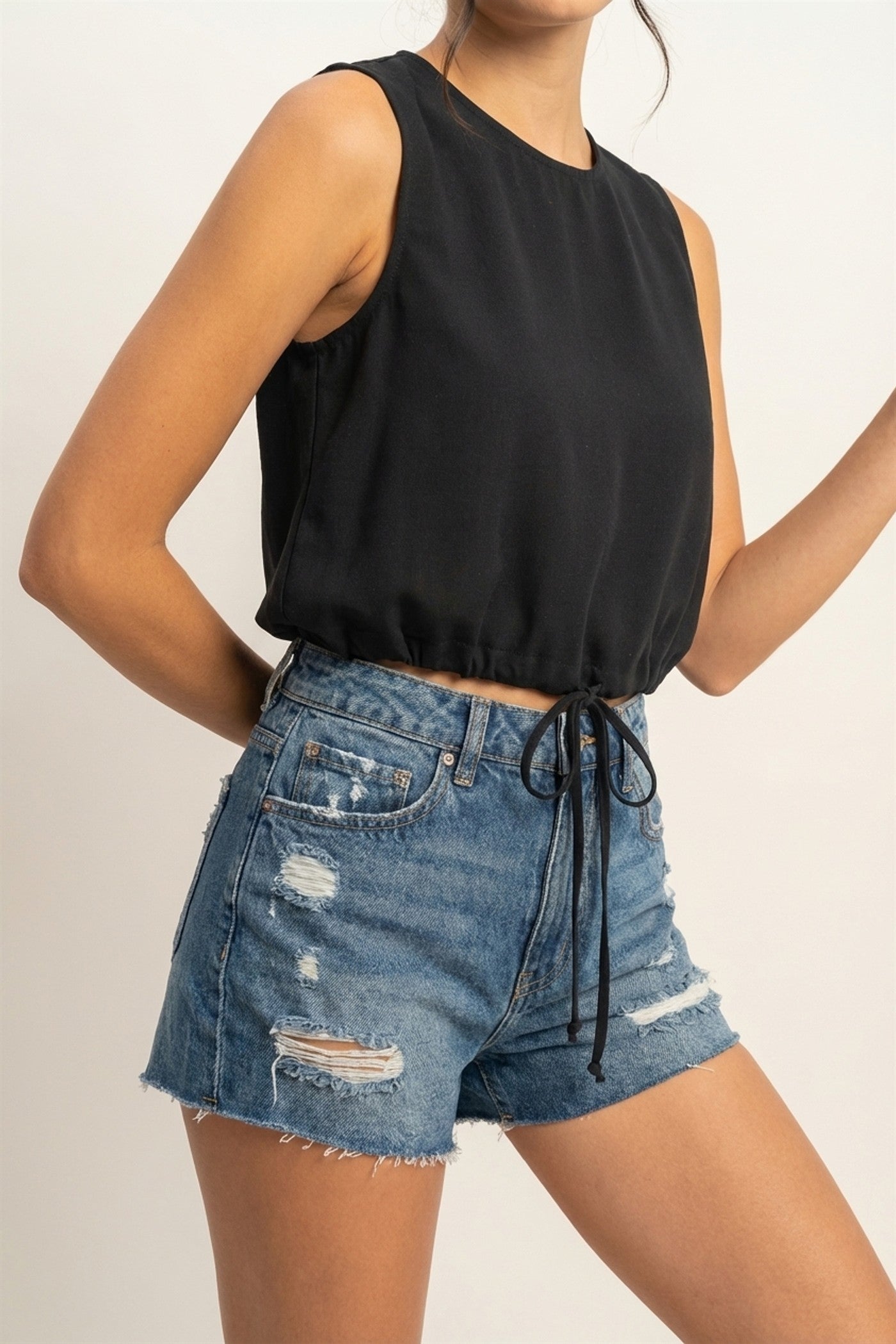 Wholesale Sand Washed Sleeveless Crop Top Clothing Tops DZ25C515 BLACK DOUBLE ZERO