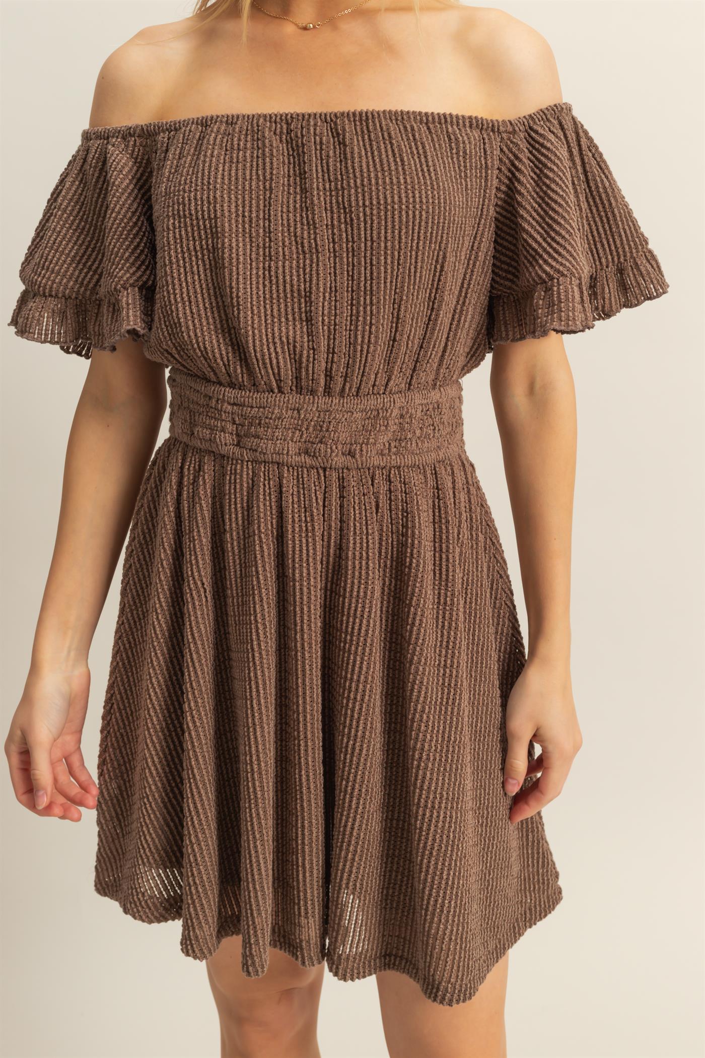 Wholesale Crochet Off-The-Shoulder Mini Dress Dresses HF25E125 BROWN HYFVE