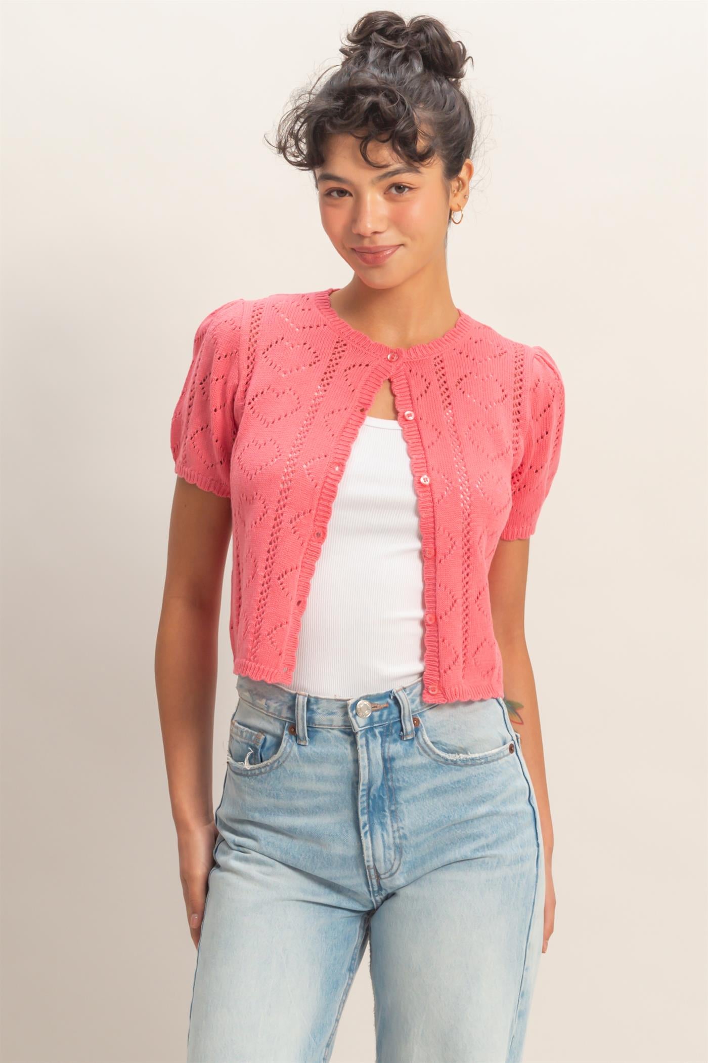 Wholesale Pointelle Knit Puff Sleeve Button Up Cardigan Cardigans DZ26A425 TAFFY PINK HYFVE