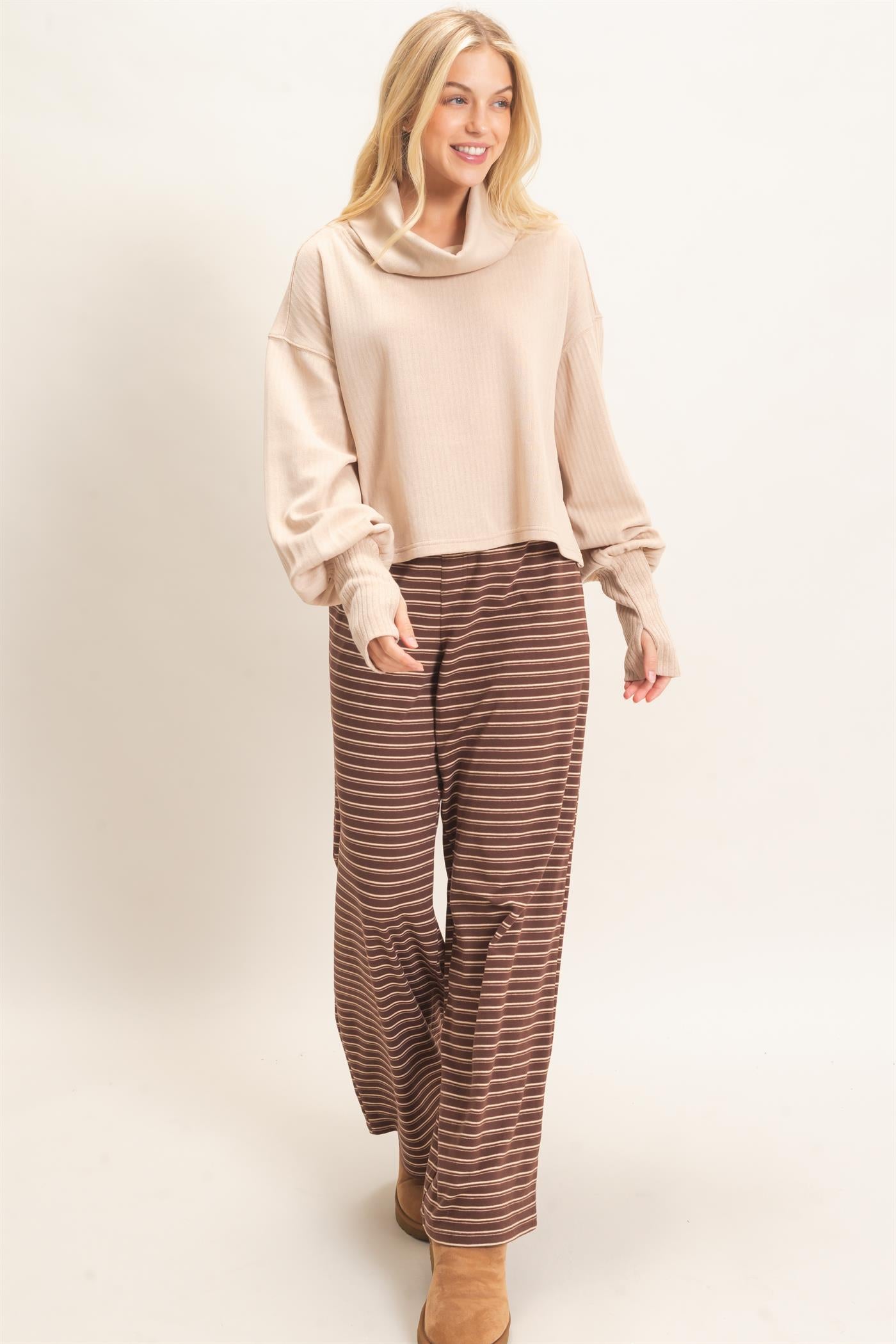 Wholesale Loose Turtleneck Long Sleeve Top Clothing Tops HF26F258 BEIGE HYFVE