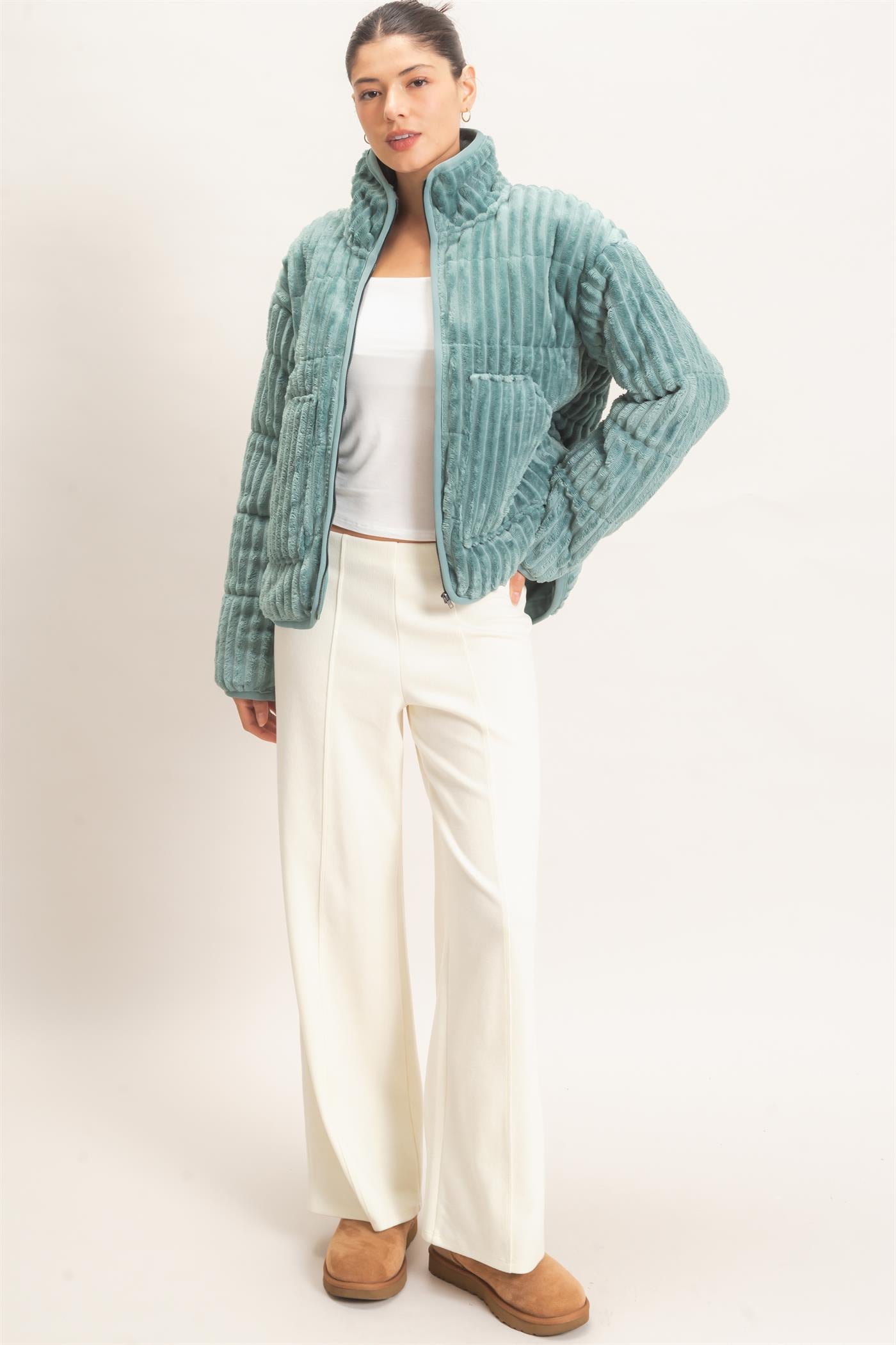 Wholesale Quilted Corduroy Zip-Up Jacket Coats & Jackets HF26E753 LIGHT TEAL HYFVE