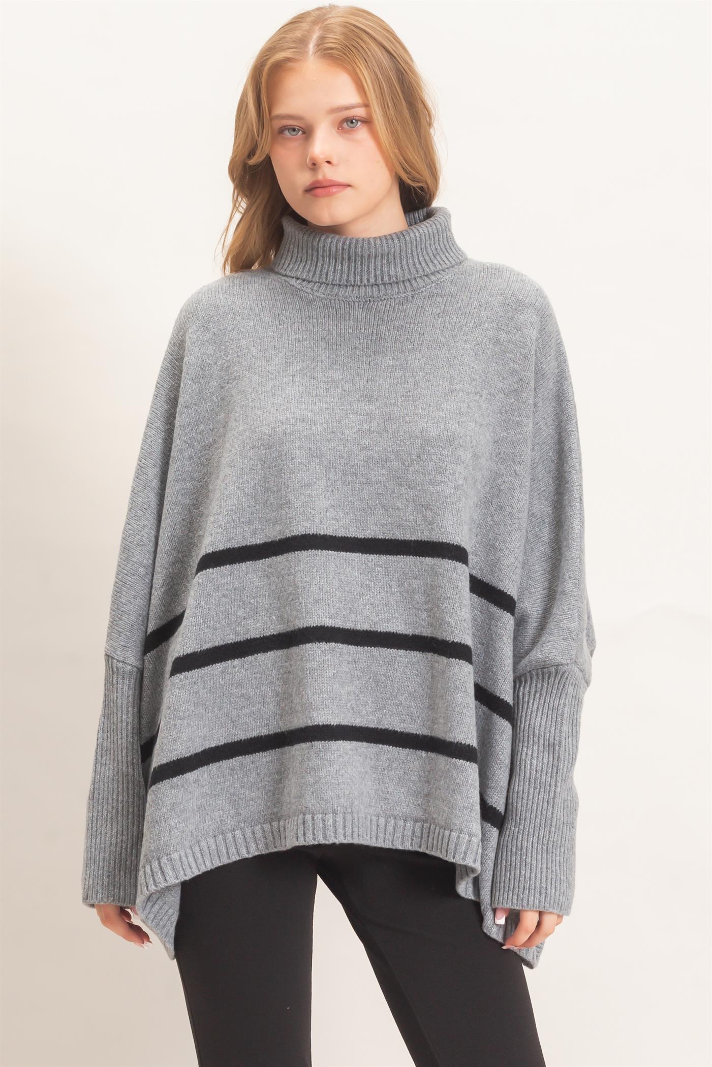 Wholesale Striped Turtleneck Poncho Sweater Sweaters HF26F194 HEATHER GRAY HYFVE