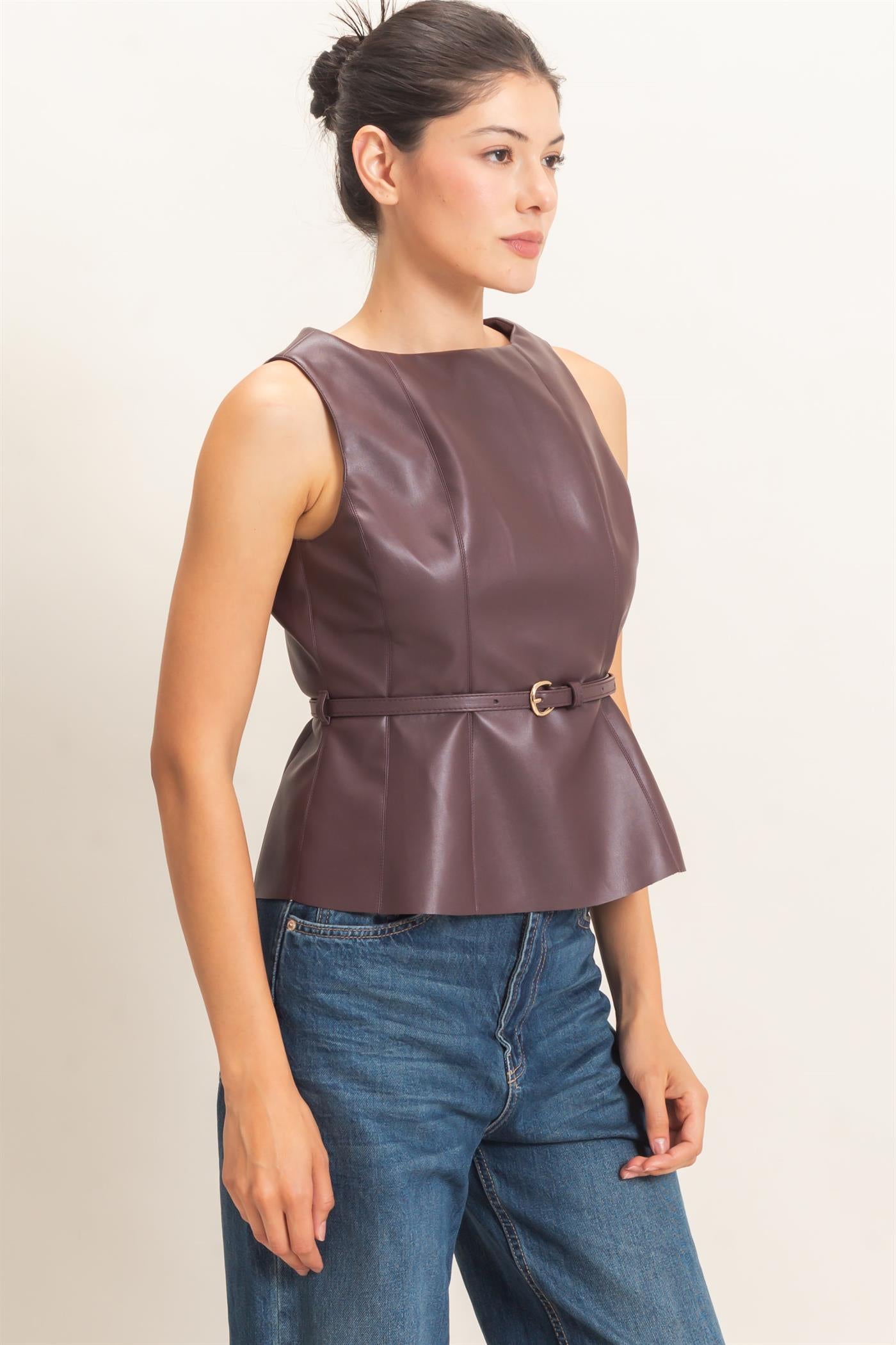 Wholesale Sleek Faux Leather Belted Top Clothing Tops HF26E543 DARK CHERRY HYFVE