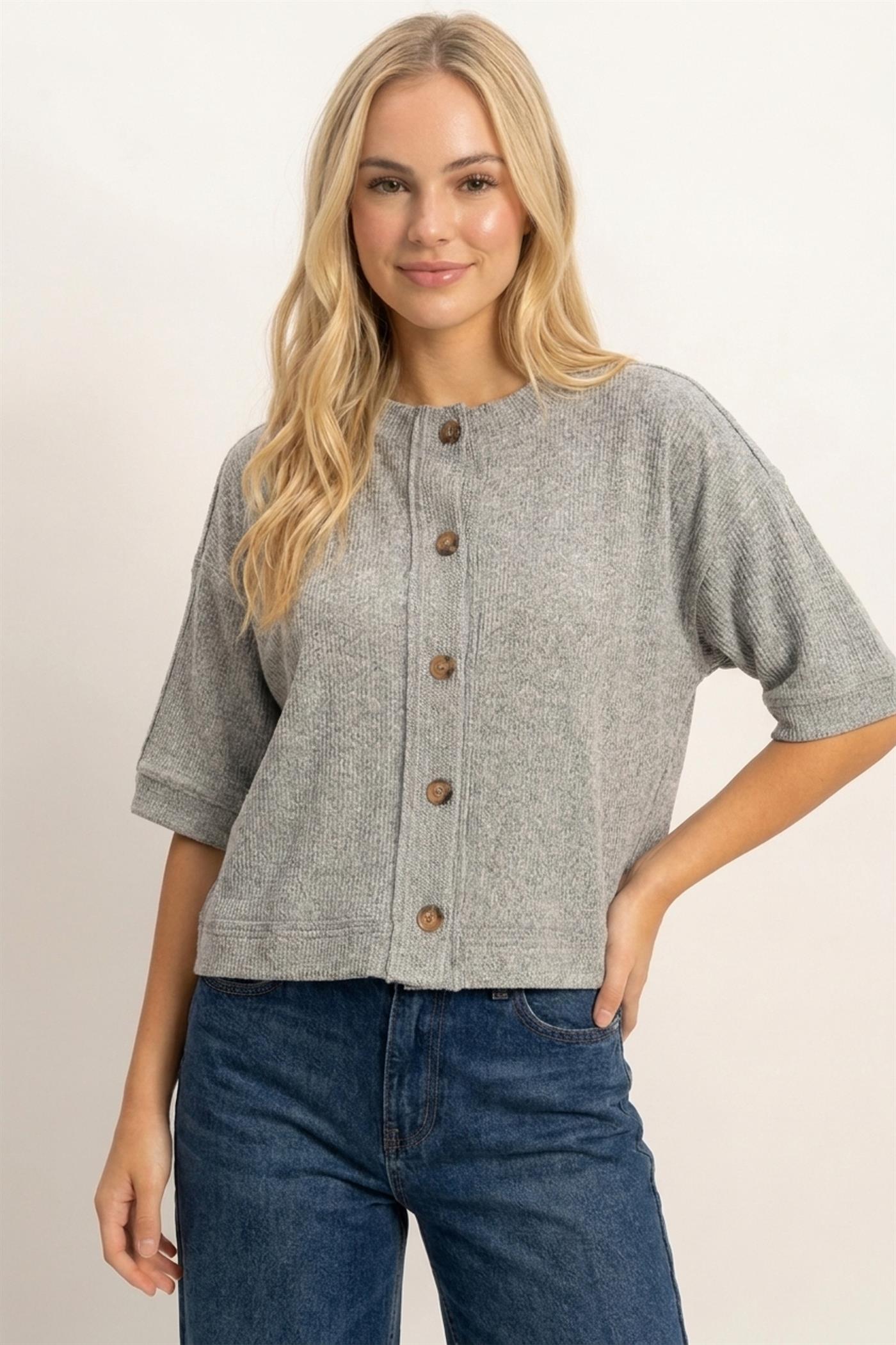 Wholesale Button-Down Short Sleeve Waffle Top Clothing Tops DZ26F244 HEATHER GRAY DOUBLE ZERO
