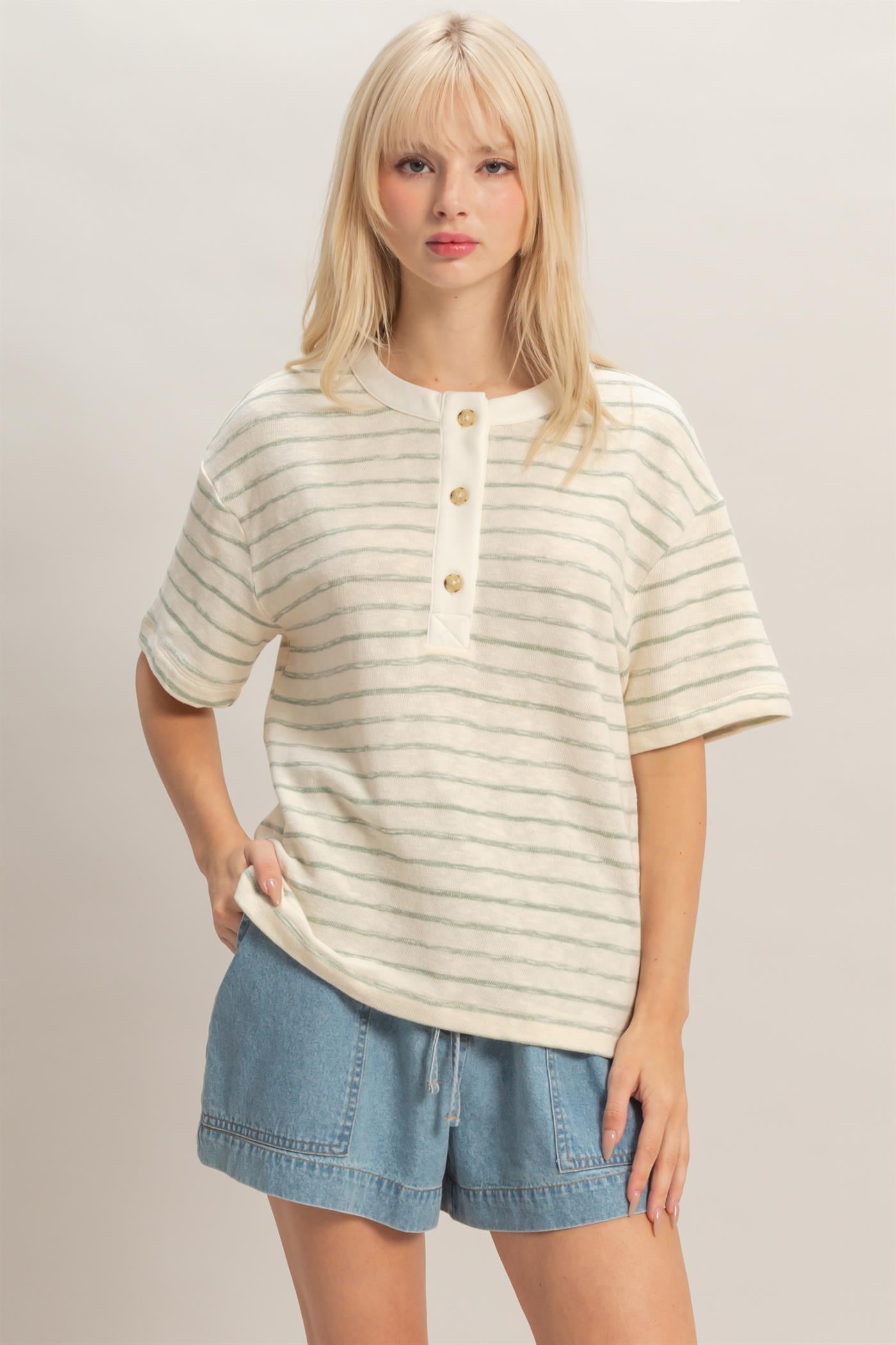 Wholesale Striped Short Sleeve Henley Top Clothing Tops DZ26A653 SAGE GREEN DOUBLE ZERO