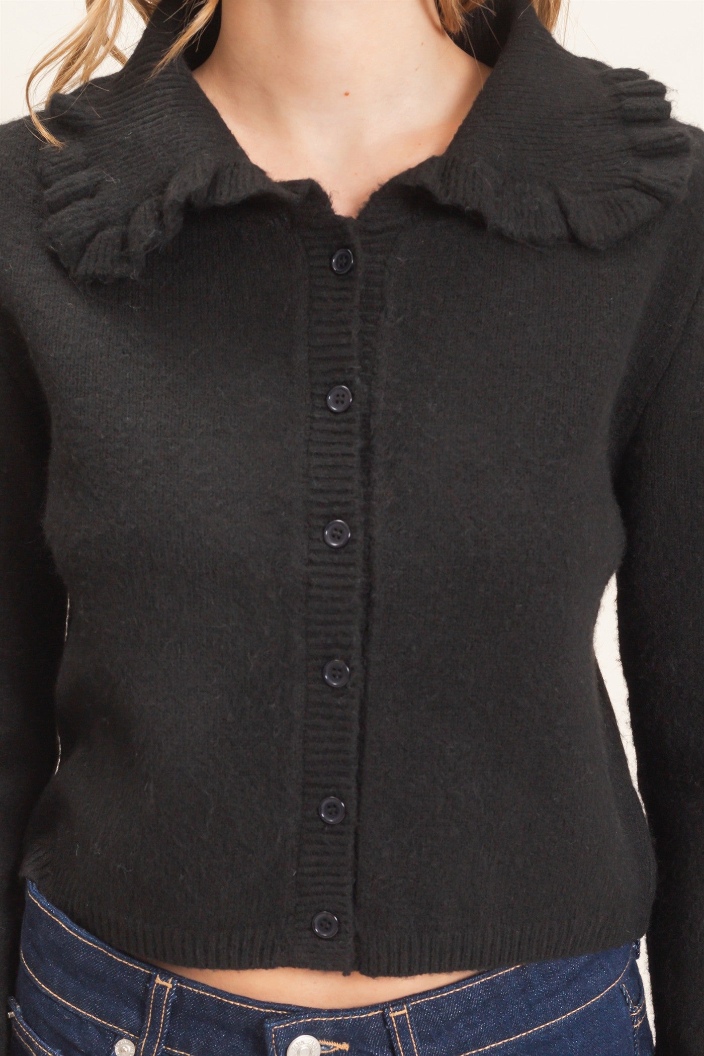 Wholesale Ruffled Collar Knit Cardigan Cardigans HF26E162-D BLACK HYFVE